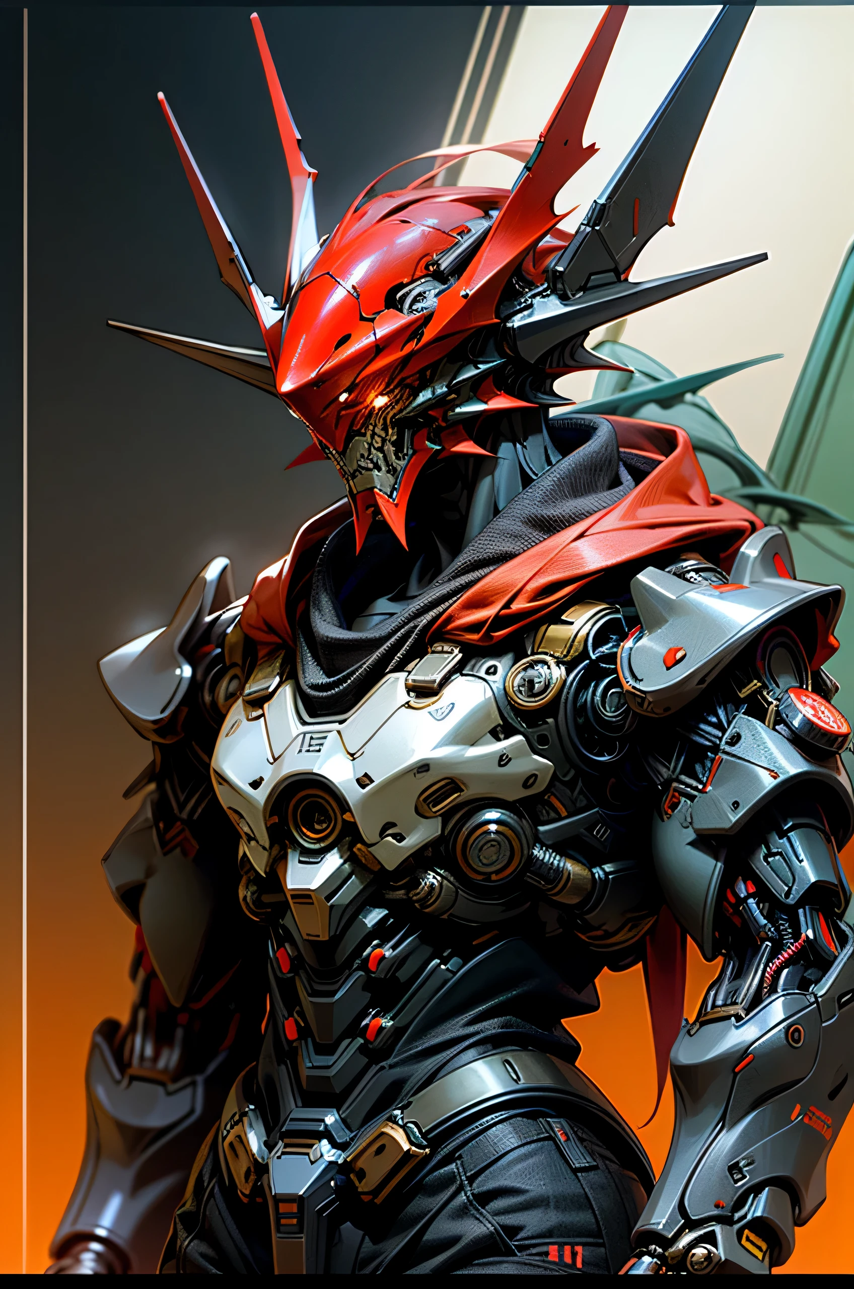 Dark_Fantasy,Cyberpunk,(saw, dragon man,Red:1.1),1man,Mechanical marvel,Robotic presence,Cybernetic guardian, dark colours.