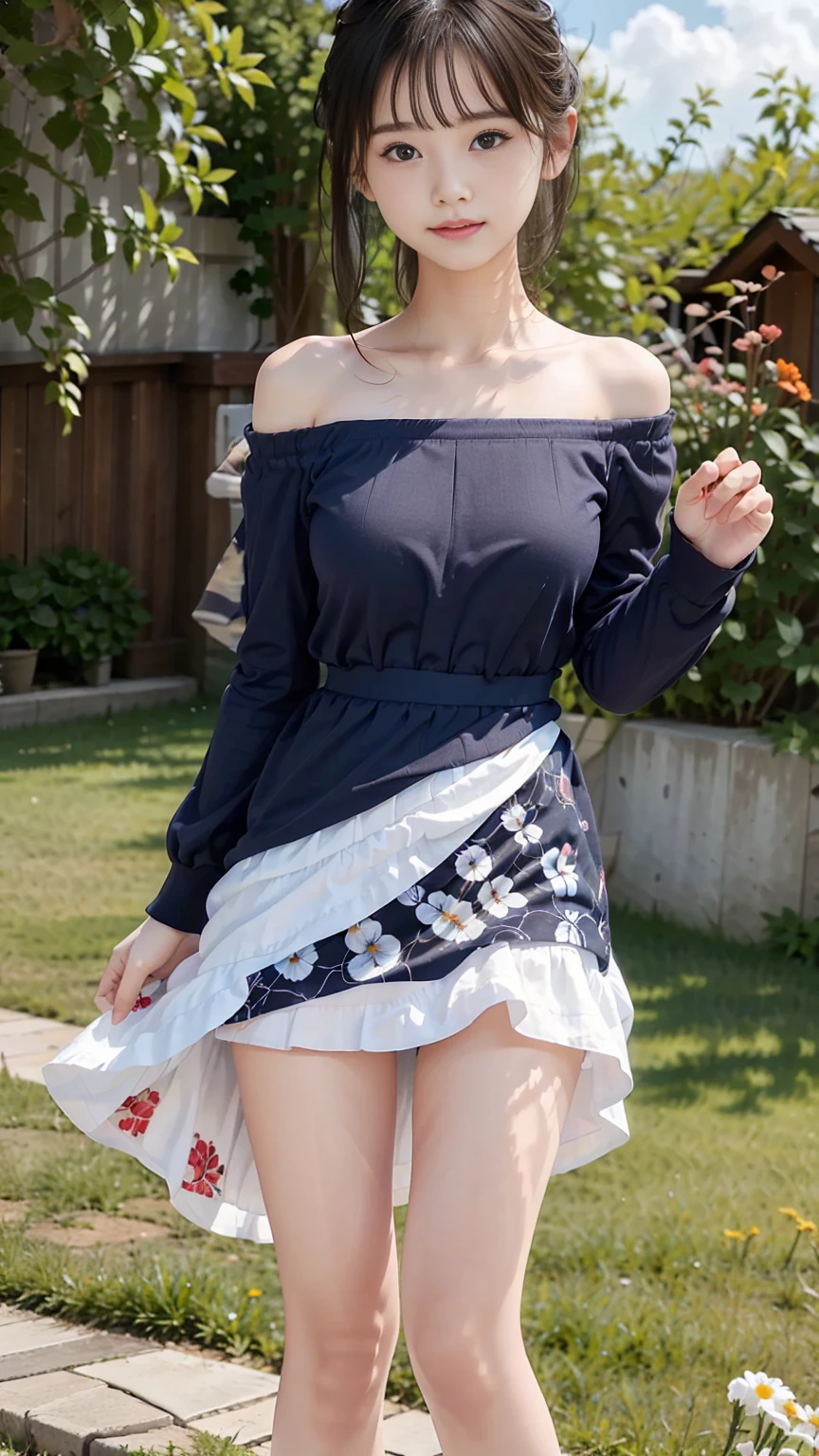 masterpiece、Best image quality、((Full Body Shot))、With a girl：her hair is black and short、14 years、Laughter、Her face is round and cute。(((White and blue off-the-shoulder dress)))、Floral。White Sandals、Ribbons on the ankles。(Strong winds:1.3)、(My hair and skirt are blowing in the wind:1.5)、Hand holding down skirt、scene：There is a beautiful scene floating in the background.、blue sky, White cloud, Green meadow and colorful flowers。The scene is softly painted like a watercolor painting.、that&#39;What a wonderful atmosphere!。The scene expresses the imagination and sensibility of the girl、Pubic hair shows completely naked pubic hair) ,more_become close:1.5, (More and more_become close:1.9)、Remote location