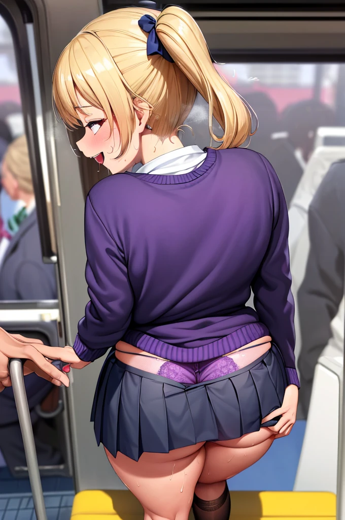 (nsfw),masterpiece,ultra detailed,sharp focus,4k digital art,high resolution,realistic,realistic skin,(back shot,from behind),(aroused and happy:1.7),(ass grab by pov hands on ass,grabbed ass:1.3),tareme,(gyaru,gal,adult beautiful face,curvy adult body:1.3),,(school cardigan:1.3),dress shirt,black cotton socks,(navy and pleated skirt:1.2),bow tie,(blonde hair,side ponytail),(dark skin),outdoor,public park,(sweaty:1.2),grinning,(trembling,flying heart-shapes),(standing in train,leaning on train door,crowded train),(sexy and laced purple undies:1.3),loafers,crowd in background,drooling,heart pupils