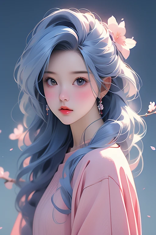 illustrator, anime , realistic ,sketch , 1 girl, ,lip, sweater,order, blue gradient background, neon hair,Textured Trim, Canadian, (masterpiece,highest quality) Good luck,cherry blossoms,pure white background,cherry blossoms