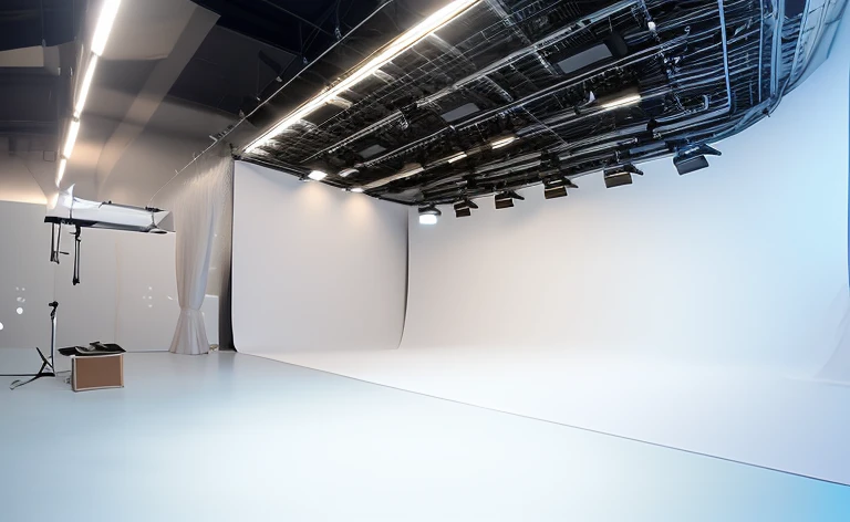 Based on the image, which appears to be a photography or film studio setup with bright lights and a white backdrop or cyclorama, a relevant prompt in English could be:
"Describe the essential elements and lighting setup needed to create a professional photo or video studio environment for product photography or portrait sessions."