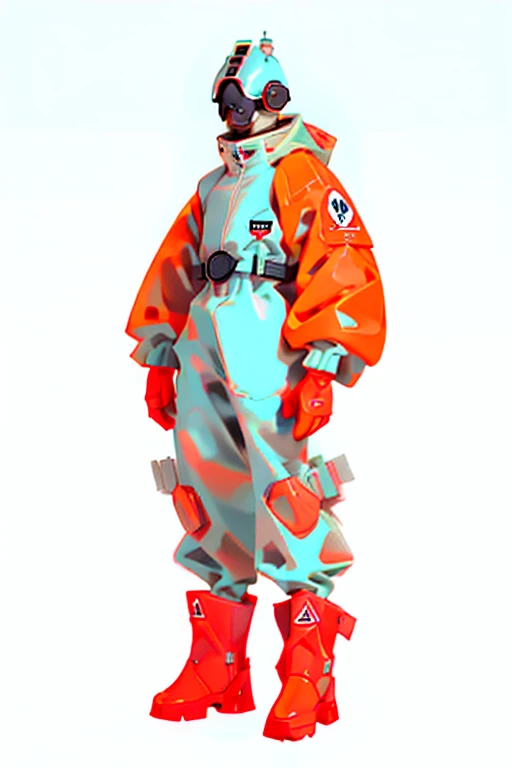  (ultra detailed,ultra high res,detailed background),((2D)),((flat color)),((muted color)), 1solo, looking at viewer, white hazmat suit, (big red galoshes), plush collar, full body image, square helmet