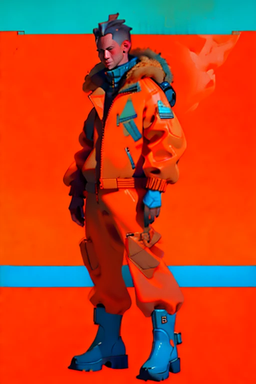 full body image, (ultra detailed,ultra high res,detailed background),((2D)),((flat color)),((muted color)), 1solo, looking at viewer, baggy flight suit, large fur collared bomber jacket, (big red galoshes), plush collar, full body image, square helmet, ((smokey blue background)), ((apocalyptic city)), entire body in frame,