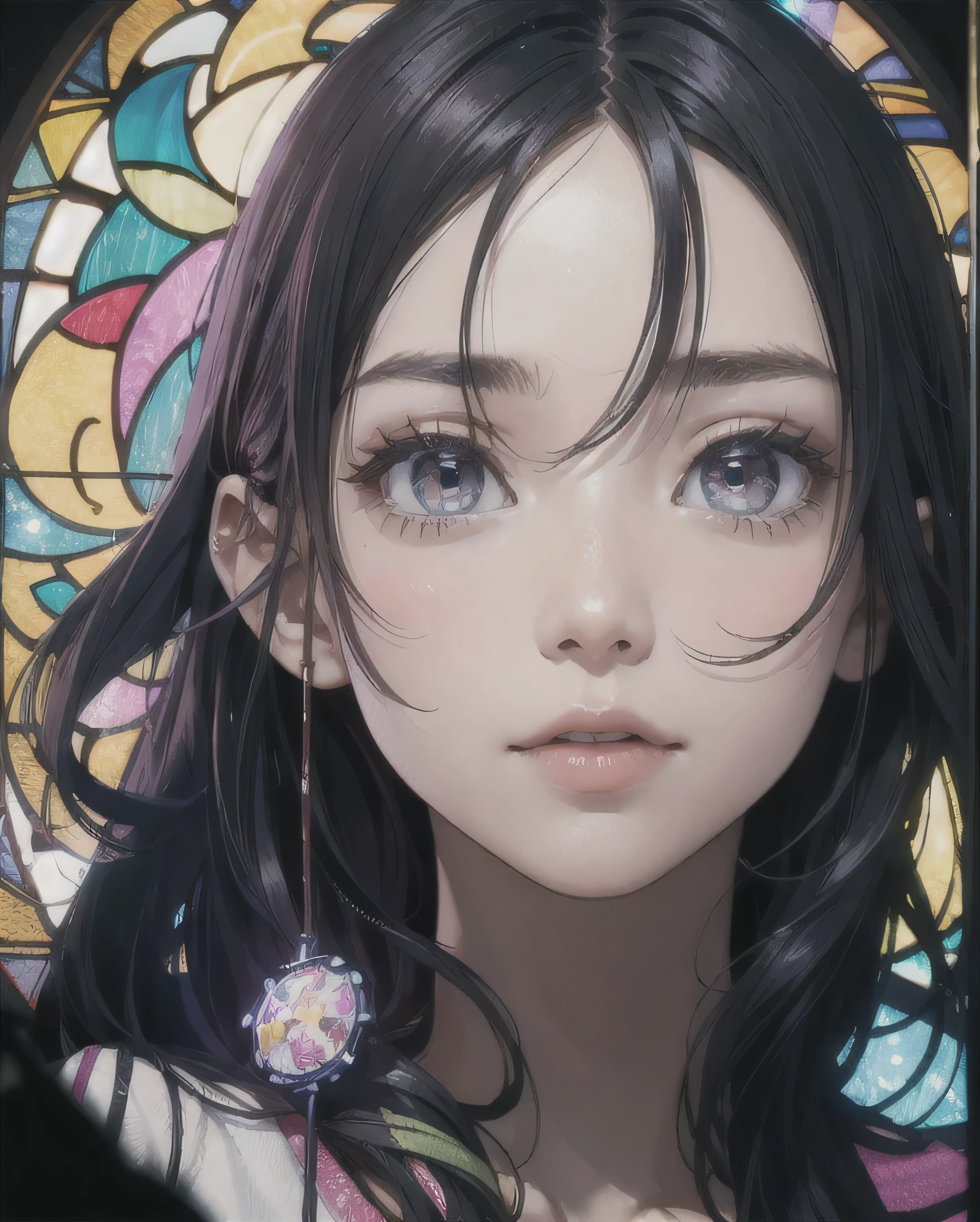 (Tabletop, highest quality, highest quality,Official Art, beautifully、aesthetic:1.2),(One Girl:1.3), 1 Girl destroys stained glass art, Colored Glass, Lead Line, Bright colors are lost due to light transmission, Intricate Design, Glowing effect, Spiritual atmosphere、Gaze Here、Big Eyes