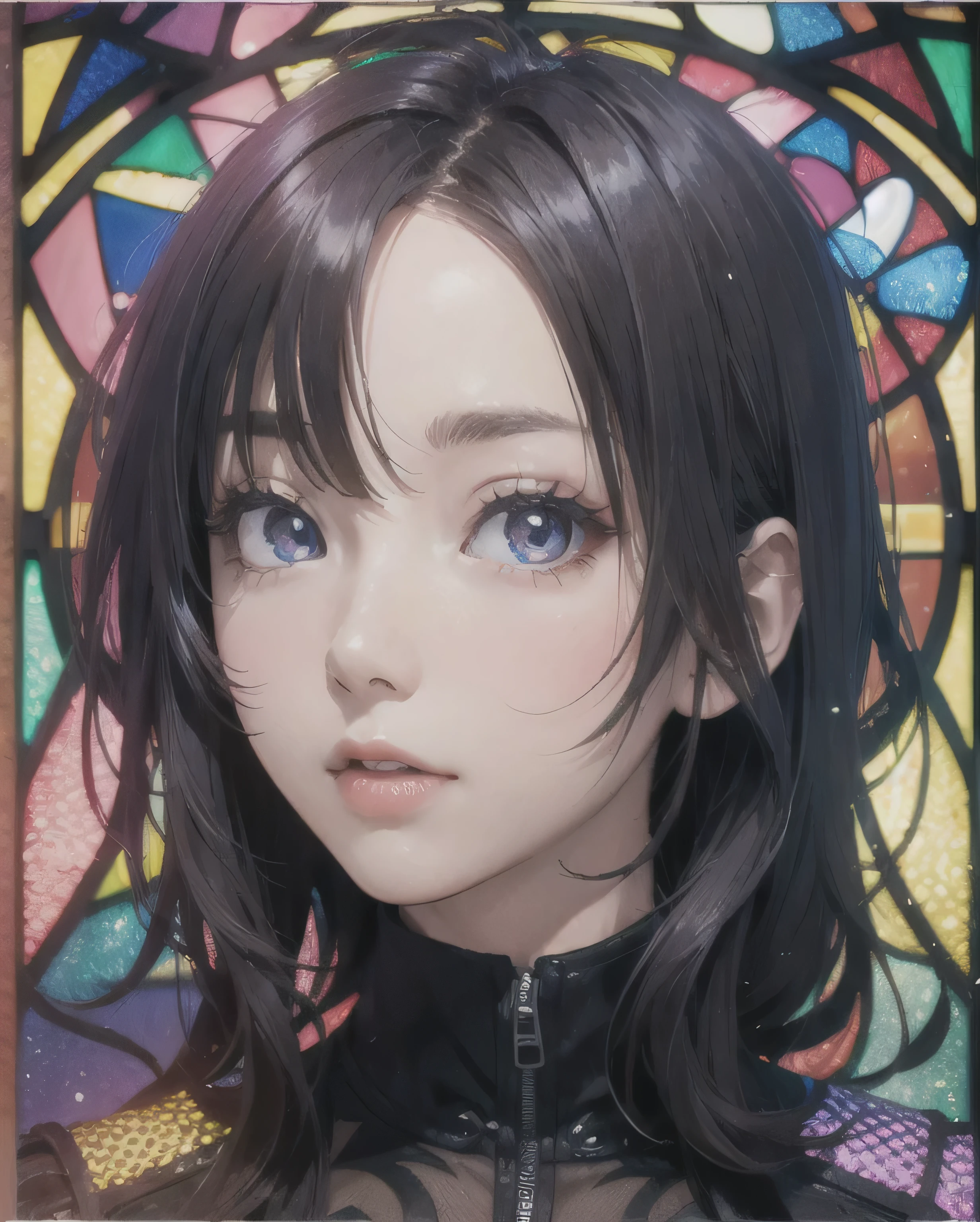 (Tabletop, highest quality, highest quality,Official Art, beautifully、aesthetic:1.2),(One Girl:1.3), 1 Girl destroys stained glass art, Colored Glass, Lead Line, Bright colors are lost due to light transmission, Intricate Design, Glowing effect, Spiritual atmosphere、Gaze Here、Big Eyes