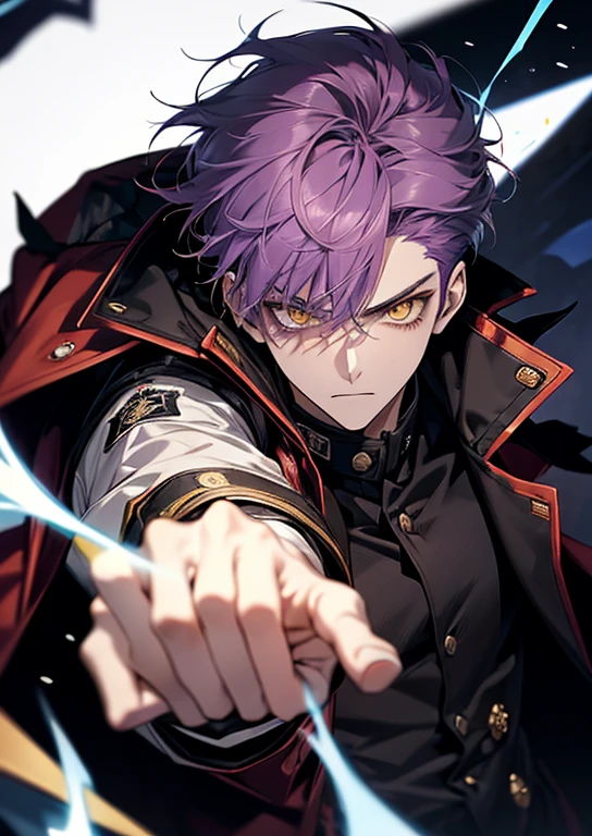 1 boy 20 years old, aura, Bilibili, Black_Background, Yellow_Eyes, Blue_fire, Blurry, cigarette, purple hair, angry, coat, krystal, electricity, energy, blazing, _Bland_Eyes, high_Collar, Holding, Holding_cigarette, Lightning, long_sleeves, up looking_in_viewer, Magic, Man's_Focus, Black_and_Red_coat, It features a simple_Background, Solo, The upper part of the body_Body, white_