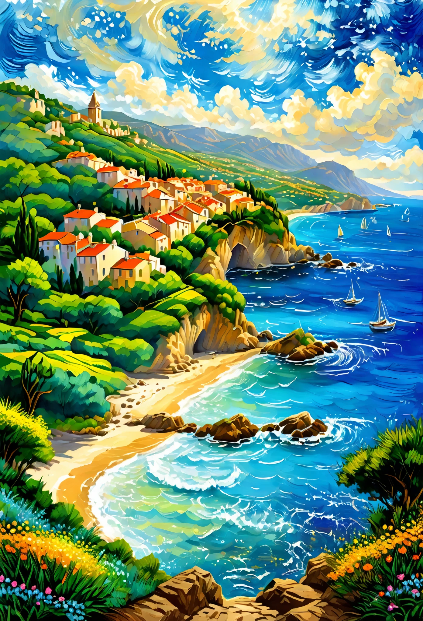 costa azul Francia, paisaje de la costa francesa, make a representative painting of this beautiful tourist landscape, magical, painted by a professional painter in the Manuel Fernández García style modern art, obra maestra, cuadro premiado por su belleza, colores vividos y armoniosos, pinceladas bien marcadas, 32k