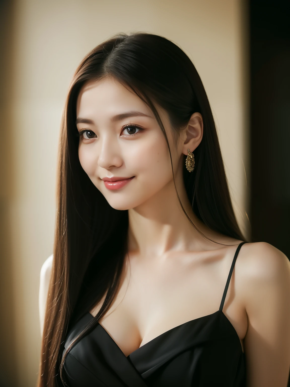 ((best quality, 8K, masterpiece: 1.3)), beautiful woman, pure, melon face, kind and cute, sweet smile, pure desire, slender body, (((Random body direction))), (tilted head), ((looking at camera)), pure desire, wearing a random color short dress, black silky long hair, long flowing shoulders, round black big eyes, clear big eyes, moist red lips, sweet, sitting in a lounge, Old cafe background, 28 years old, ((chest to head shot)),