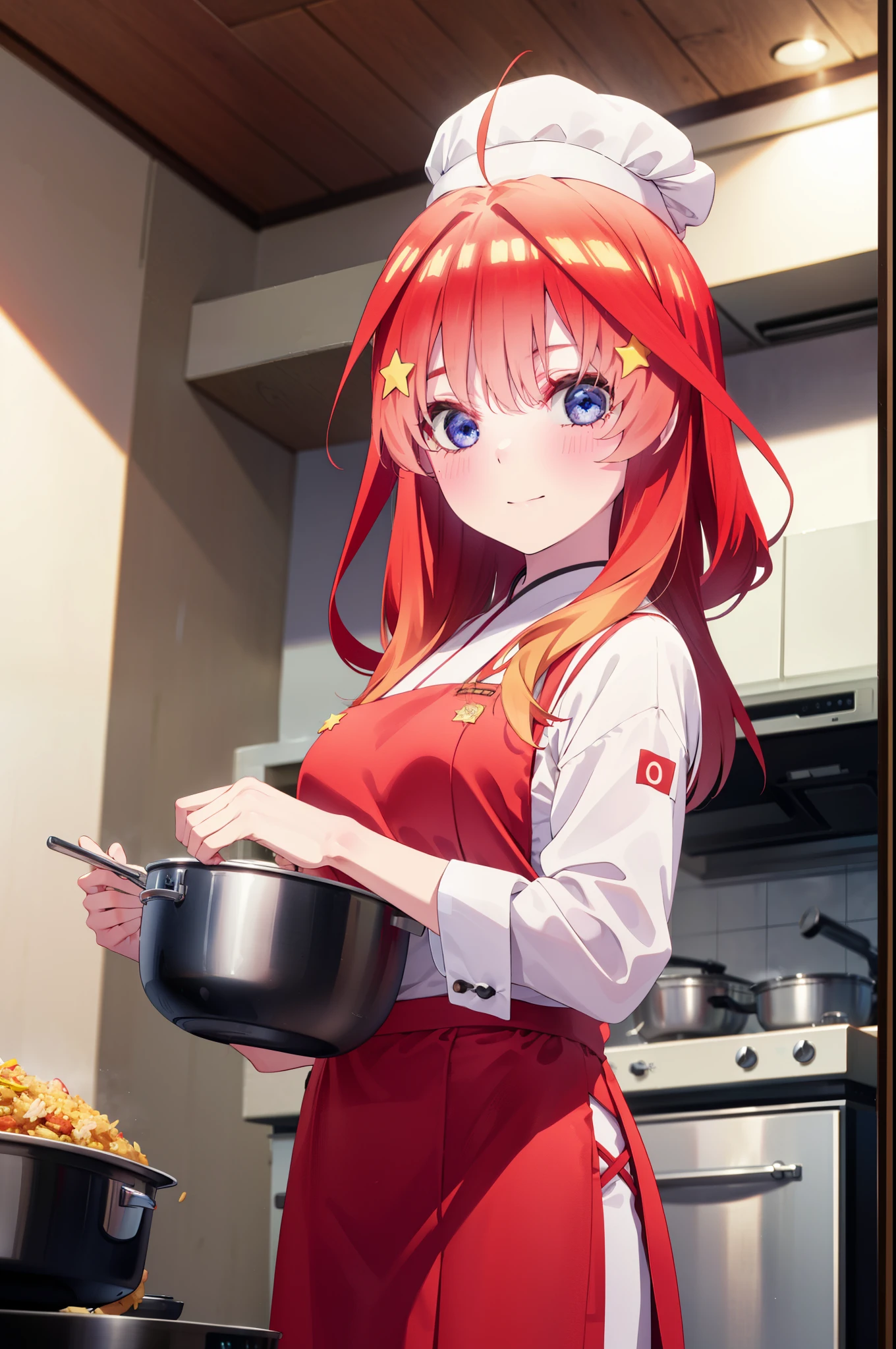 itsukinakano, Itsuki Nakano, bangs, blue eyes, Hair between the eyes, Ahoge, Redhead, star \(symbol\), hair ornaments, star hair ornaments,smile,blush,chef uniform, chef hat, chef, Zend 4y4, cooking, Chinese pan, fire, fried rice, Stove, フレームから足が外れている
break indoors, kitchen,
break looking at viewer, (Cowboy Shot:1.5),
break (masterpiece:1.2), highest quality, High resolution, unity 8k wallpaper, (figure:0.8), (Beautiful fine details:1.6), Highly detailed face, Perfect lighting, Highly detailed CG, (Perfect hands, Perfect Anatomy),