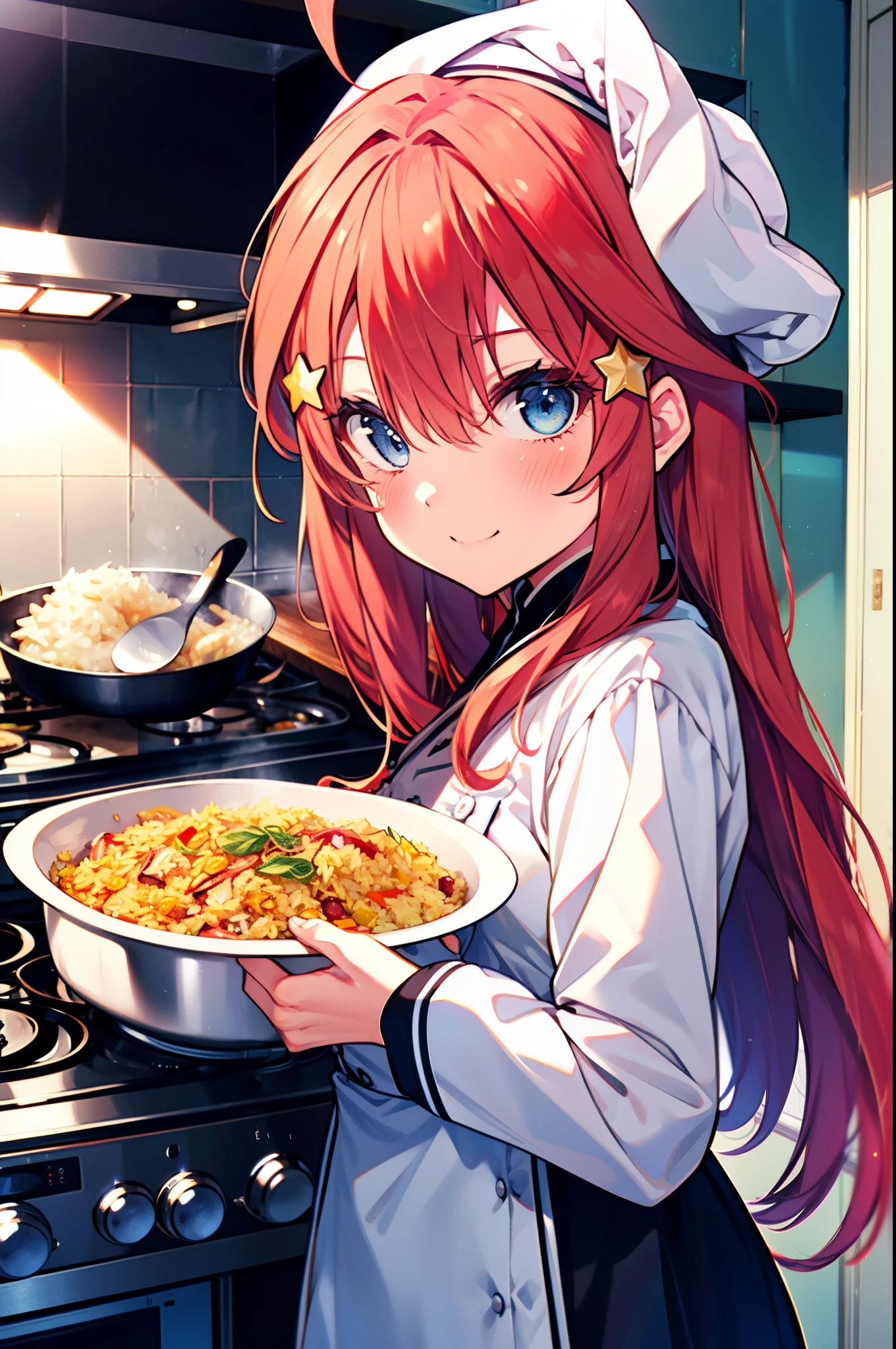 itsukinakano, Itsuki Nakano, bangs, blue eyes, Hair between the eyes, Ahoge, Redhead, star \(symbol\), hair ornaments, star hair ornaments,smile,blush,chef uniform, chef hat, chef, Zend 4y4, cooking, Chinese pan, fire, fried rice, Stove, フレームから足が外れている
break indoors, kitchen,
break looking at viewer, (Cowboy Shot:1.5),
break (masterpiece:1.2), highest quality, High resolution, unity 8k wallpaper, (figure:0.8), (Beautiful fine details:1.6), Highly detailed face, Perfect lighting, Highly detailed CG, (Perfect hands, Perfect Anatomy),