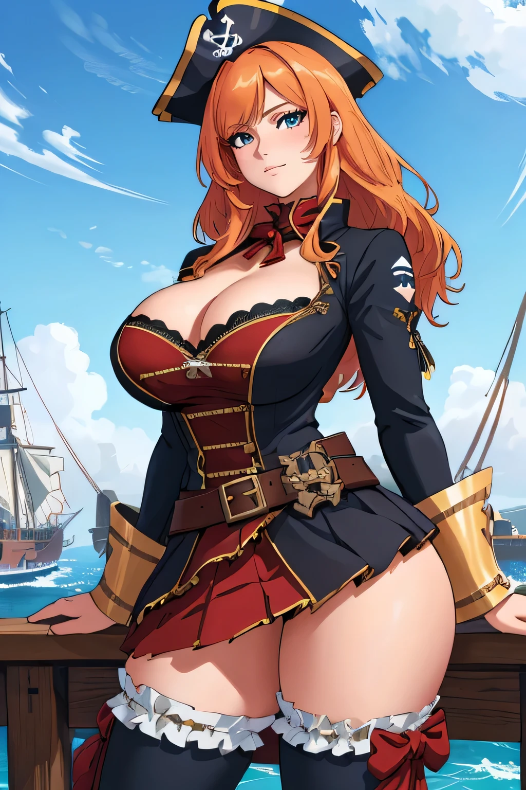 Woman in pirate costume posing on a ship, [ 4k digital art ]!!, 8k high quality detailed art, Amazing anime 8k, Highly detailed art gems, thick, High resolution consignment, Detailed digital anime art, | Anime with attention to detail, artstation pixivでトレンド, Marin Kitagawa Fanart, Pirate Queen, Powerfully々And, ((Muscular))