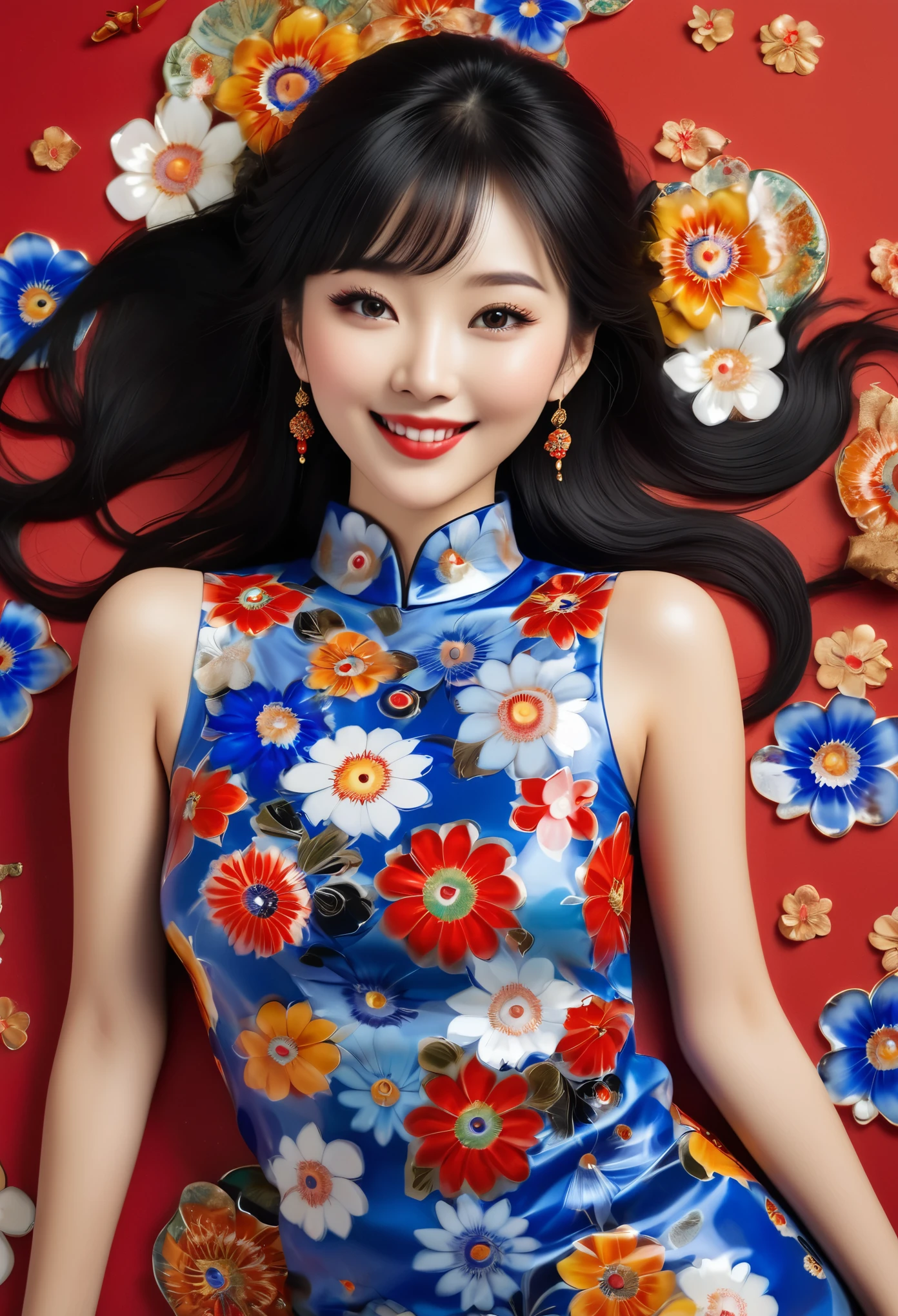 Millefiori glass style,A cute Chinese beauty, wearing a blue sleeveless top with a floral pattern and black hair bangs, she is wearing red lipstick,with realistic skin texture and exquisite facial features in a smiling expression. laying on back,view from above, closeup shot.warm tones, front view, a perfect body shape, It is a 3D rendering of a full body photo in the style of an ancient Chinese artist.