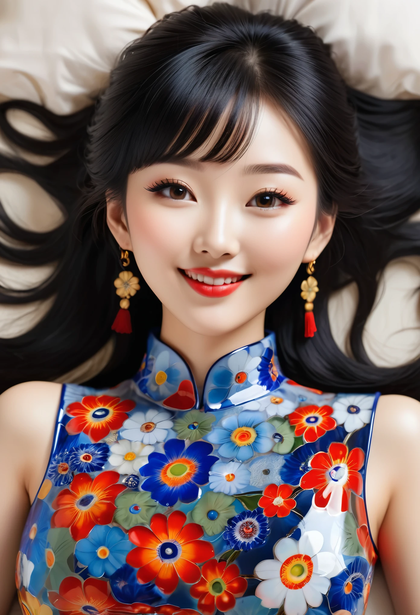 A cute Chinese beauty, wearing a blue sleeveless top with a floral pattern and black hair bangs,  she is wearing red lipstick,with realistic skin texture and exquisite facial features in a smiling expression. laying on back,view from above, closeup shot.warm tones, front view, a perfect body shape,   It is a 3D rendering of a full body photo in the style of an ancient Chinese artist.