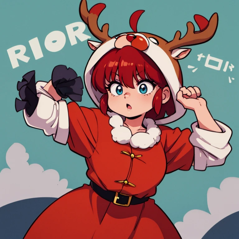 Ranmachan, cabello rojo, Cabello con trenza, ojos azules, ojos detallados, Reindeer Costume Outfit