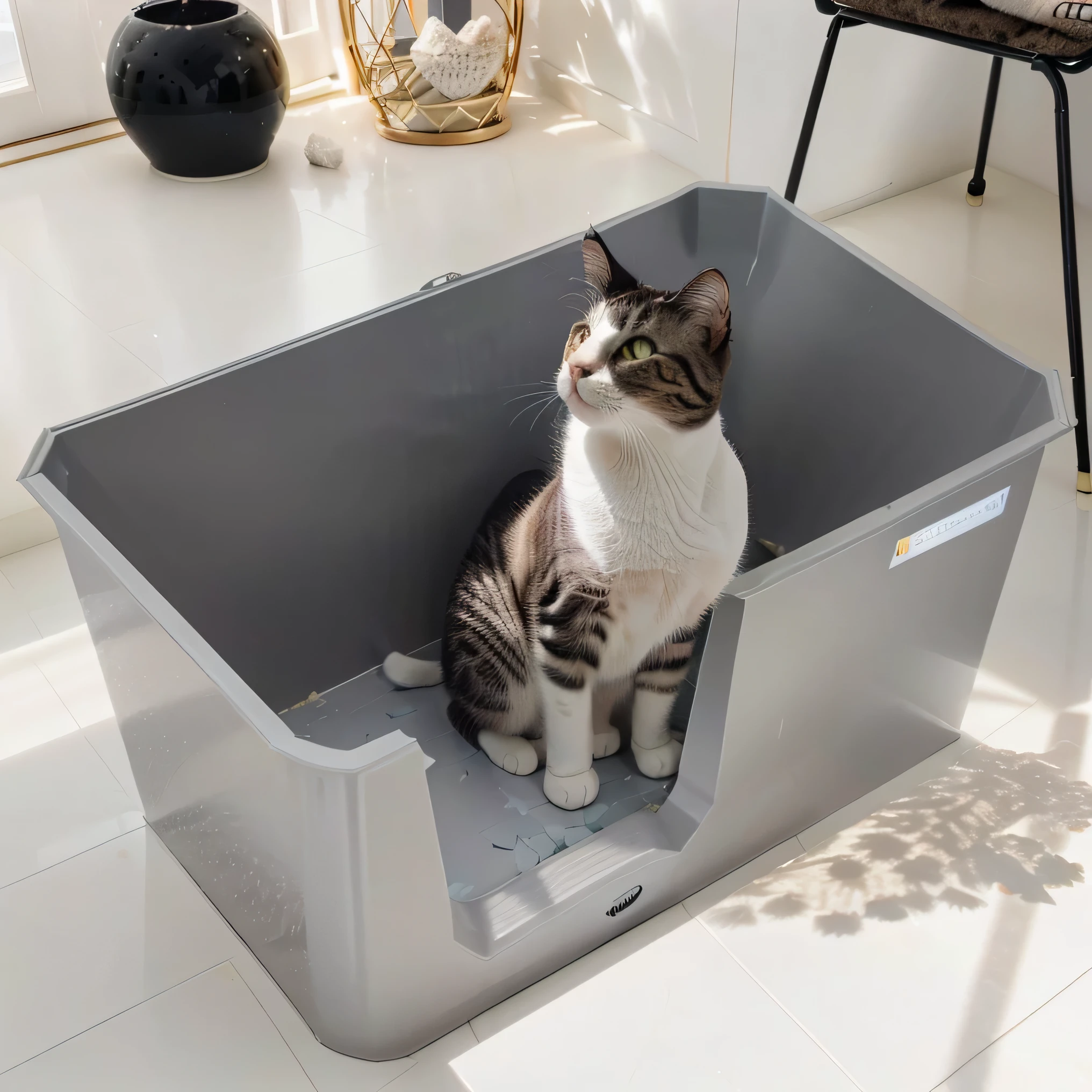 A cat in a gray litter box,The litter box is filled with cat litter,Natural light and shadow,Cute Kitten,Hyper-realistic scenes,Light shines on the litter box and the cat,product picture,high quality,High-end,Photographs,The edges of the cat litter box are rounded,The cat litter box is covered with a layer of white cat litter