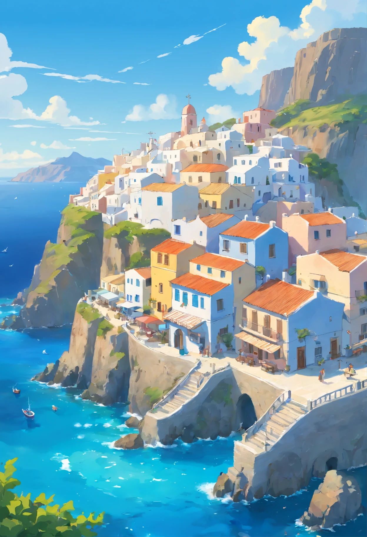 mesa, Mejor calidad,masterpiece, en Santorini, de primera calidad, Fantasy panorama of Grecia, Blue Coast,Santorini, Grecia,  village at the beach, blue and white houses at the beach, marine port