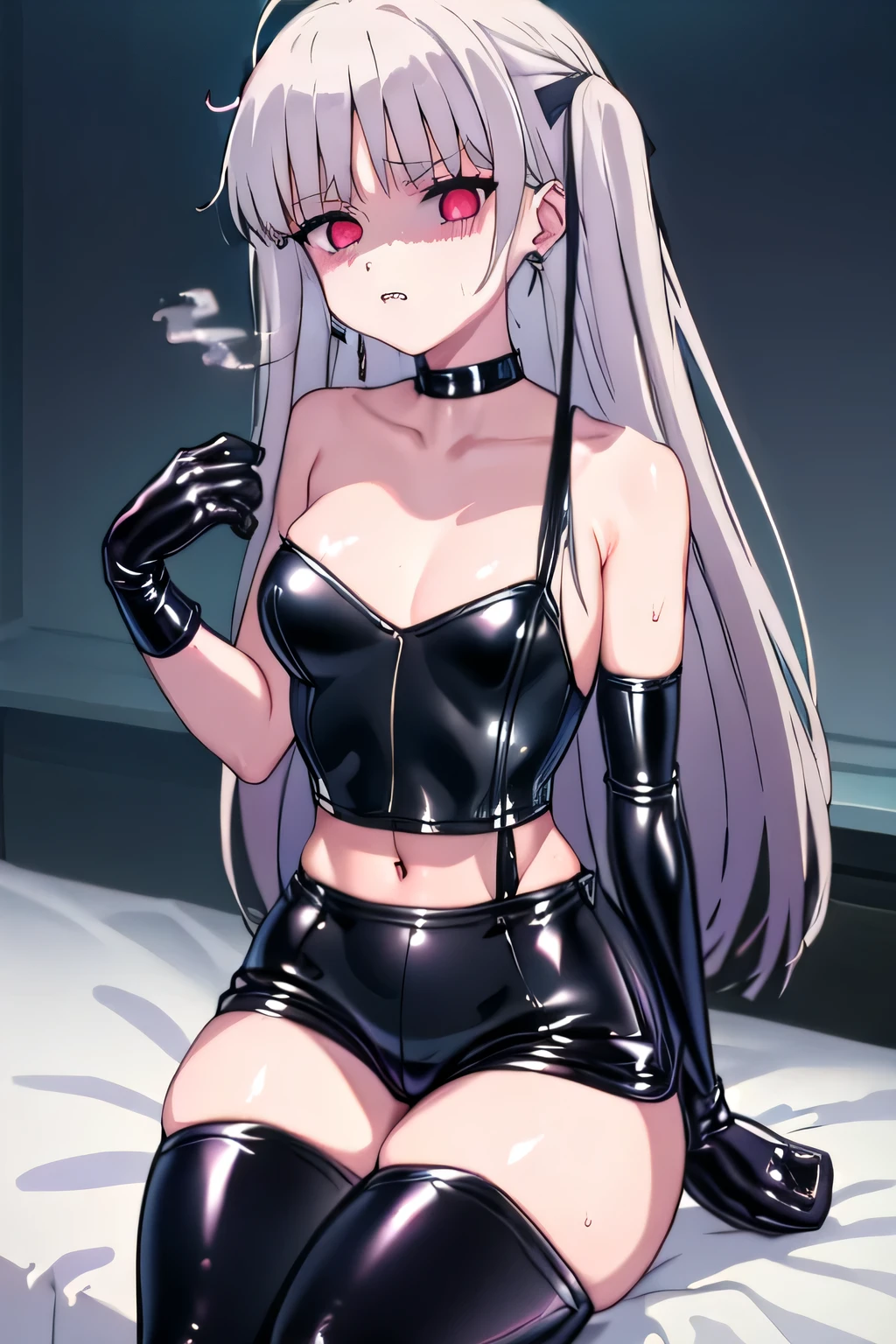 masterpiece, best quality, ultra-high-detailed, Disgusted face, white hair, red eyes, sigtuna julie , medium breast, room, looking viewer like a trash , deep eyes , down shot, (((black latex shorts))), (((black latex thigh high boots))), black latex top, bare midriff, (bare thighs), (black latex gloves), leather choker, dominatrix, goddess, femdom, mistress, no use skirt, Warm body, hot body, A lot sweat , more sweat, hot temperature, sweating, Sweated a lot, warm room, bare shoulder, showing shoulder, Collarbone, Human, goth, emo, piercings, skinny, sexy, short, leather, crop top, shorts, smoking , black corset, latex pants, bare shoulder, Collarbone, Tight thights , no skirt, sitting in bed, feet, black latex, Below shot