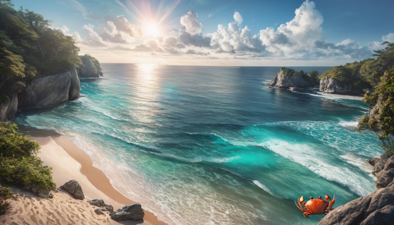 (best quality,highres:1.2),ultra-detailed,(realistic,photorealistic:1.37),jeweled beach,glassy blue gems litter the beach,blue coast,colorful crab,lovely beach scene,rocky ridges,cove,beach vacation,natural beauty,serene atmosphere,crystal-clear water,soft cobalt blue sand,glistening sunlight,lush vegetation,seashells,refreshing breeze,saltwater scent,sandy dunes,gentle waves,coastal paradise,tropical paradise,secluded getaway,tranquil escape,vibrant colors,sparkling ocean,marine life exploration,sun-kissed paradise,shimmering reflections,fresh seafood,seaside relaxation,waterfront retreat,fascinating seascapes,unspoiled coastline,idyllic scenery,hidden treasure,beach exploration,hidden gem,captivating view,pristine environment,luxury beach destination,serenity
