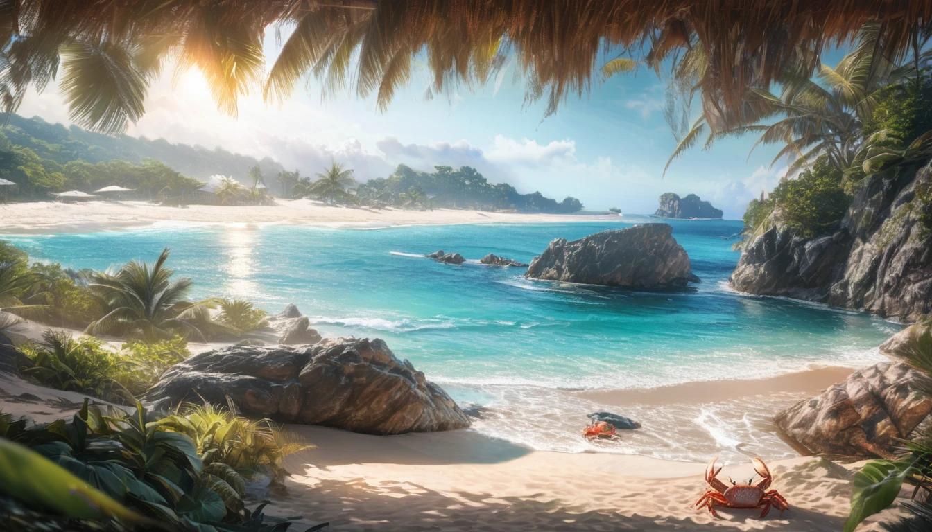 (best quality,highres:1.2),ultra-detailed,(realistic,photorealistic:1.37),jeweled beach,glassy blue gems litter the beach,blue coast,colorful crab,lovely beach scene,rocky ridges,cove,beach vacation,natural beauty,serene atmosphere,crystal-clear water,soft cobalt blue sand,glistening sunlight,lush vegetation,seashells,refreshing breeze,saltwater scent,sandy dunes,gentle waves,coastal paradise,tropical paradise,secluded getaway,tranquil escape,vibrant colors,sparkling ocean,marine life exploration,sun-kissed paradise,shimmering reflections,fresh seafood,seaside relaxation,waterfront retreat,fascinating seascapes,unspoiled coastline,idyllic scenery,hidden treasure,beach exploration,hidden gem,captivating view,pristine environment,luxury beach destination,serenity