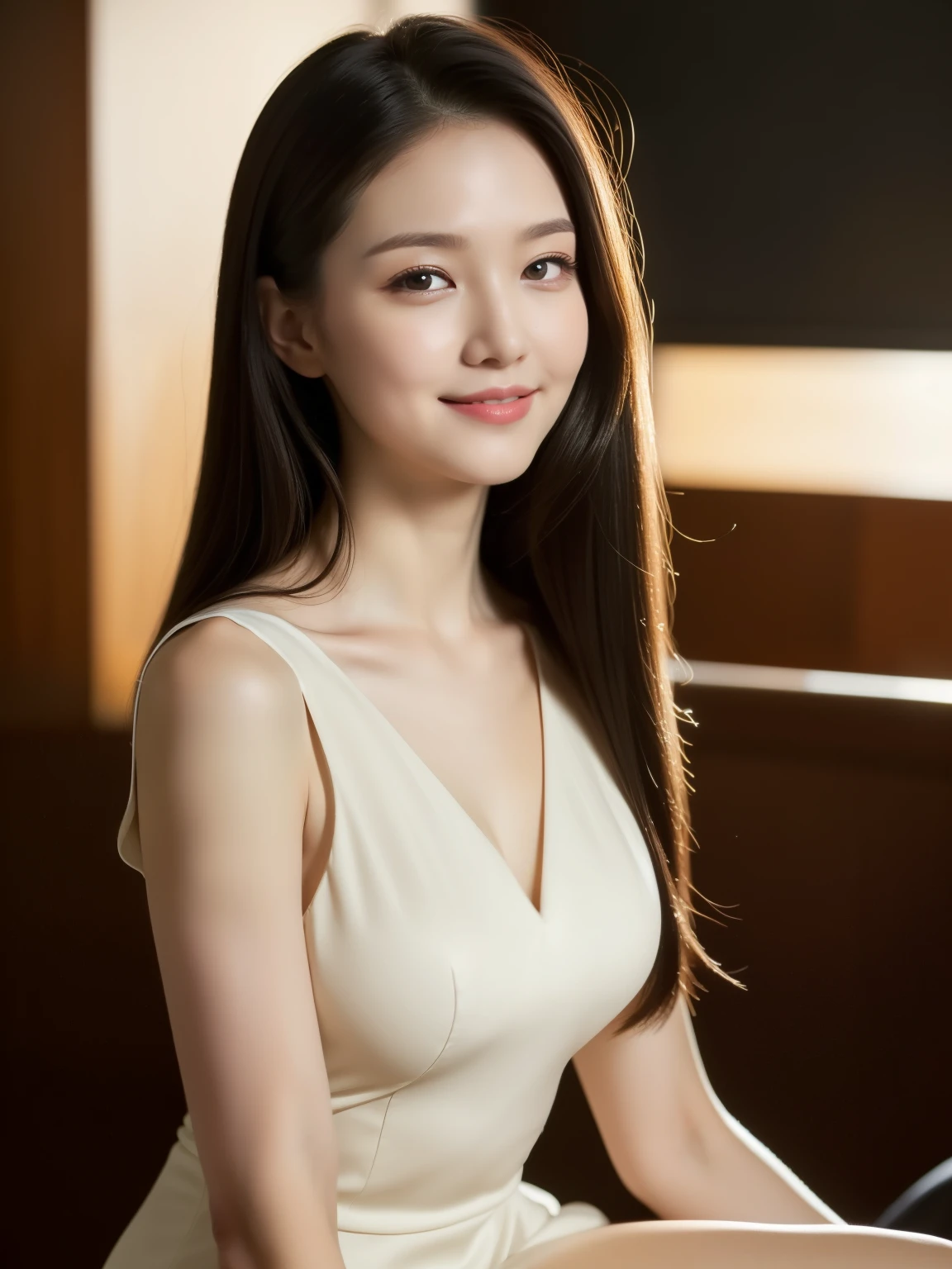 ((best quality, 8K, masterpiece: 1.3)), beautiful woman, pure, melon face, kind and cute, sweet smile, pure desire, slender body, (((Random body direction))), (tilted head), ((looking at camera)), pure desire, wearing a random color short dress, black silky long hair, long flowing shoulders, round black big eyes, clear big eyes, moist red lips, sweet, sitting in a lounge, Old cafe background, 28 years old, ((chest to head shot)),