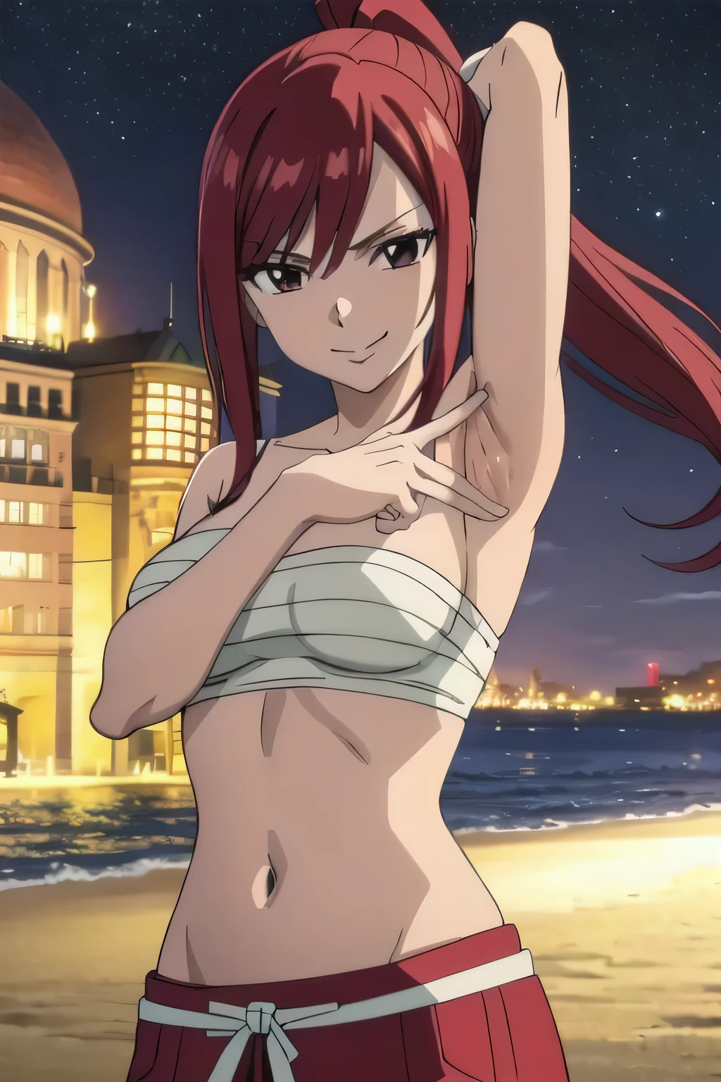 1girl, dynamic pose, contrapposto, spread armpit, arms behind head, solo, looking at viewer, upper body, closed mouth, night sky, beach, masterpiece, best quality, smile, in the center, ERZASCARLET, SARASHI, CHEST SARASHI, RED HAKAMA, MIDRIFF, BARE SHOULDERS, PONYTAIL