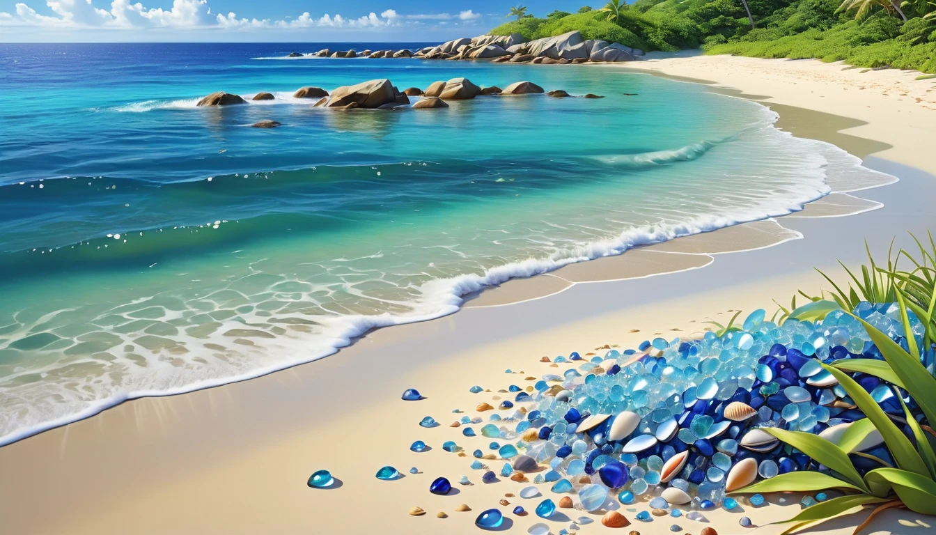 (best quality,highres:1.2),ultra-detailed,(realistic,photorealistic:1.37),jeweled beach,glassy blue gems litter the beach,blue coast,colorful crab,lovely beach scene,rocky ridges,cove,beach vacation,natural beauty,serene atmosphere,crystal-clear water,soft cobalt blue sand,glistening sunlight,lush vegetation,seashells,refreshing breeze,saltwater scent,sandy dunes,gentle waves,coastal paradise,tropical paradise,secluded getaway,tranquil escape,vibrant colors,sparkling ocean,marine life exploration,sun-kissed paradise,shimmering reflections,fresh seafood,seaside relaxation,waterfront retreat,fascinating seascapes,unspoiled coastline,idyllic scenery,hidden treasure,beach exploration,hidden gem,captivating view,pristine environment,luxury beach destination,serenity