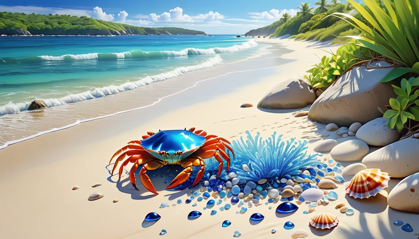 (best quality,highres:1.2),ultra-detailed,(realistic,photorealistic:1.37),jeweled beach,glassy blue gems litter the beach,blue coast,colorful crab,lovely beach scene,rocky ridges,cove,beach vacation,natural beauty,serene atmosphere,crystal-clear water,soft cobalt blue sand,glistening sunlight,lush vegetation,seashells,refreshing breeze,saltwater scent,sandy dunes,gentle waves,coastal paradise,tropical paradise,secluded getaway,tranquil escape,vibrant colors,sparkling ocean,marine life exploration,sun-kissed paradise,shimmering reflections,fresh seafood,seaside relaxation,waterfront retreat,fascinating seascapes,unspoiled coastline,idyllic scenery,hidden treasure,beach exploration,hidden gem,captivating view,pristine environment,luxury beach destination,serenity