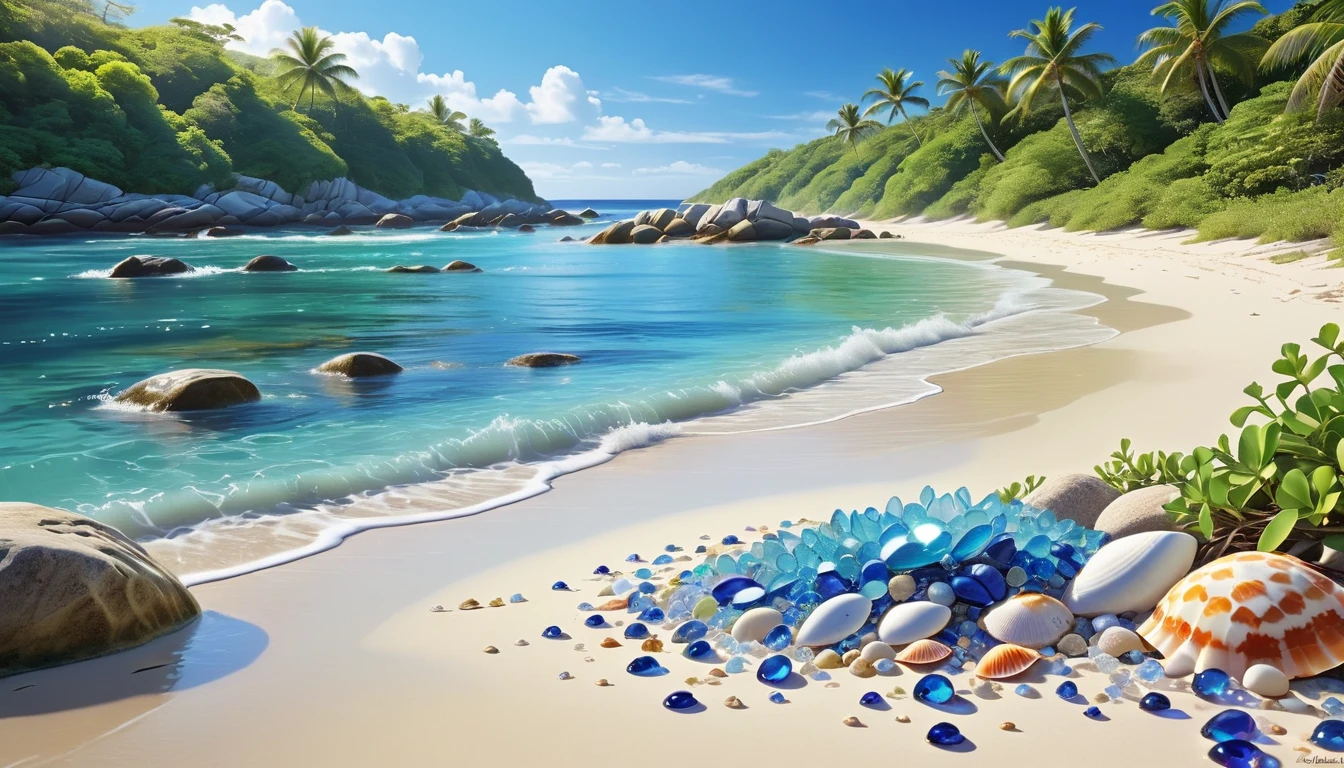 (best quality,highres:1.2),ultra-detailed,(realistic,photorealistic:1.37),jeweled beach,glassy blue gems litter the beach,blue coast,colorful crab,lovely beach scene,rocky ridges,cove,beach vacation,natural beauty,serene atmosphere,crystal-clear water,soft cobalt blue sand,glistening sunlight,lush vegetation,seashells,refreshing breeze,saltwater scent,sandy dunes,gentle waves,coastal paradise,tropical paradise,secluded getaway,tranquil escape,vibrant colors,sparkling ocean,marine life exploration,sun-kissed paradise,shimmering reflections,fresh seafood,seaside relaxation,waterfront retreat,fascinating seascapes,unspoiled coastline,idyllic scenery,hidden treasure,beach exploration,hidden gem,captivating view,pristine environment,luxury beach destination,serenity