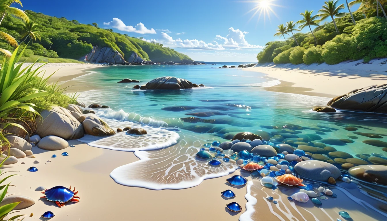 (best quality,highres:1.2),ultra-detailed,(realistic,photorealistic:1.37),jeweled beach,glassy blue gems litter the beach,blue coast,colorful crab,lovely beach scene,rocky ridges,cove,beach vacation,natural beauty,serene atmosphere,crystal-clear water,soft cobalt blue sand,glistening sunlight,lush vegetation,seashells,refreshing breeze,saltwater scent,sandy dunes,gentle waves,coastal paradise,tropical paradise,secluded getaway,tranquil escape,vibrant colors,sparkling ocean,marine life exploration,sun-kissed paradise,shimmering reflections,fresh seafood,seaside relaxation,waterfront retreat,fascinating seascapes,unspoiled coastline,idyllic scenery,hidden treasure,beach exploration,hidden gem,captivating view,pristine environment,luxury beach destination,serenity