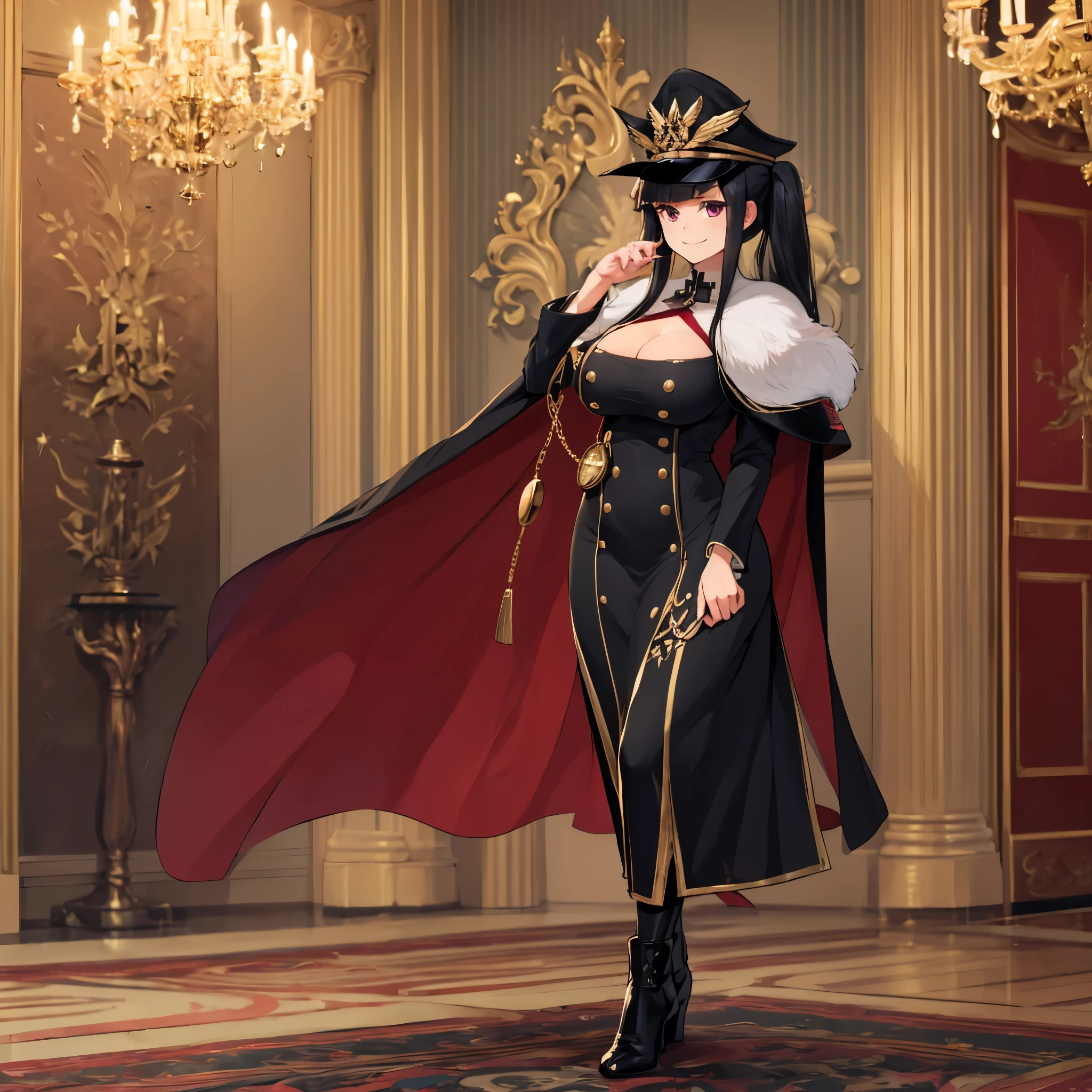 a woman wearing a long black Prussian style military dress with gold details, black military hat with gold details, long fur cape, long black hair, pigtails, burgundy eyes, black boots, big breasts, smiling, walking in a large room with a large gold pocket watch on the back,(woman solo )
