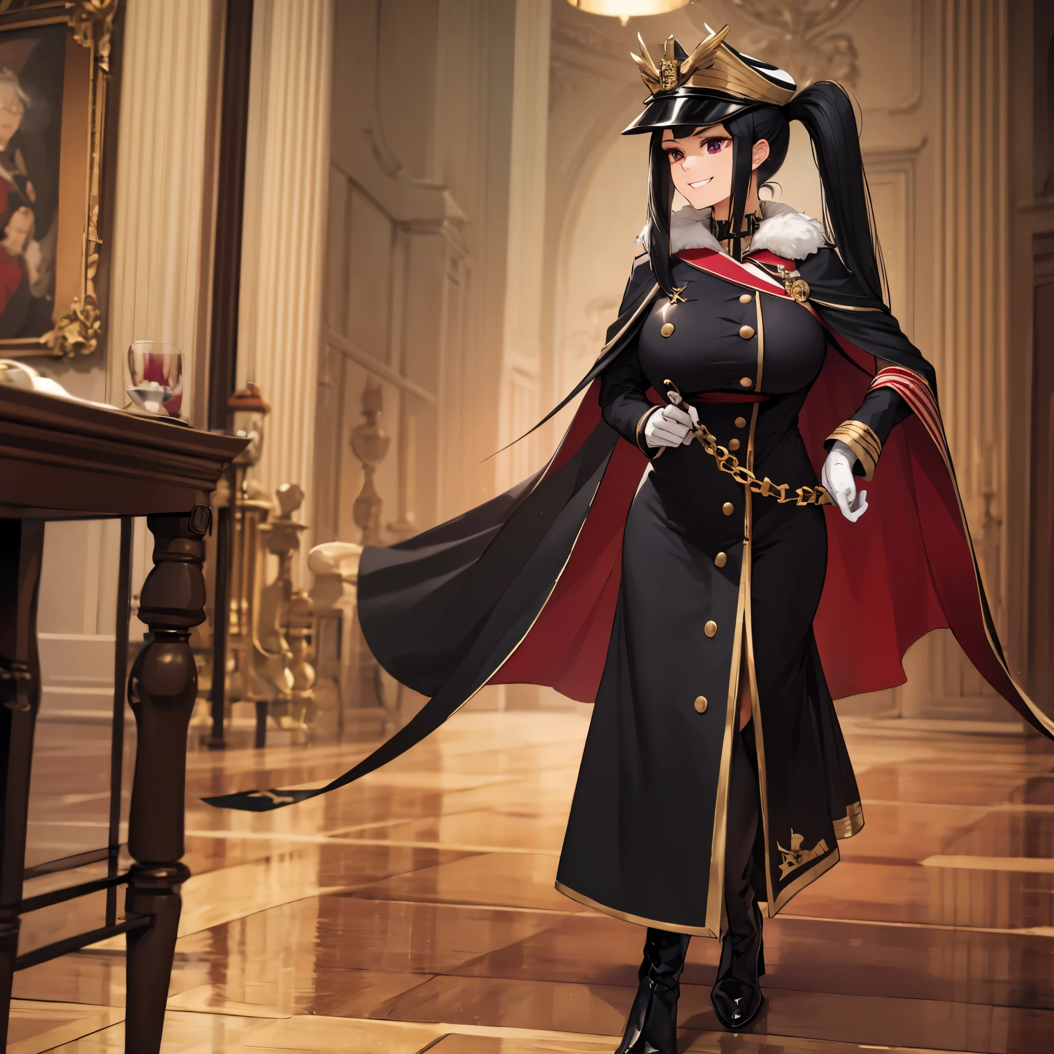 a woman wearing a long black Prussian style military dress with gold details, black military hat with gold details, long fur cape, long black hair, pigtails, burgundy eyes, black boots, big breasts, smiling, walking in a large room with a large gold pocket watch on the back,(woman solo )
