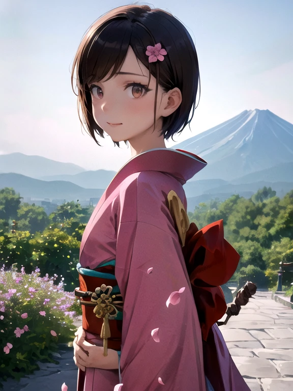 masterpiece, high quality, Very detailed, woman, short hair, hairpin, kimono, Spring flower, the wind is strong, Open Shrine, Pink petals, Fuji Mountain, Depth of written boundary, Blurred Background