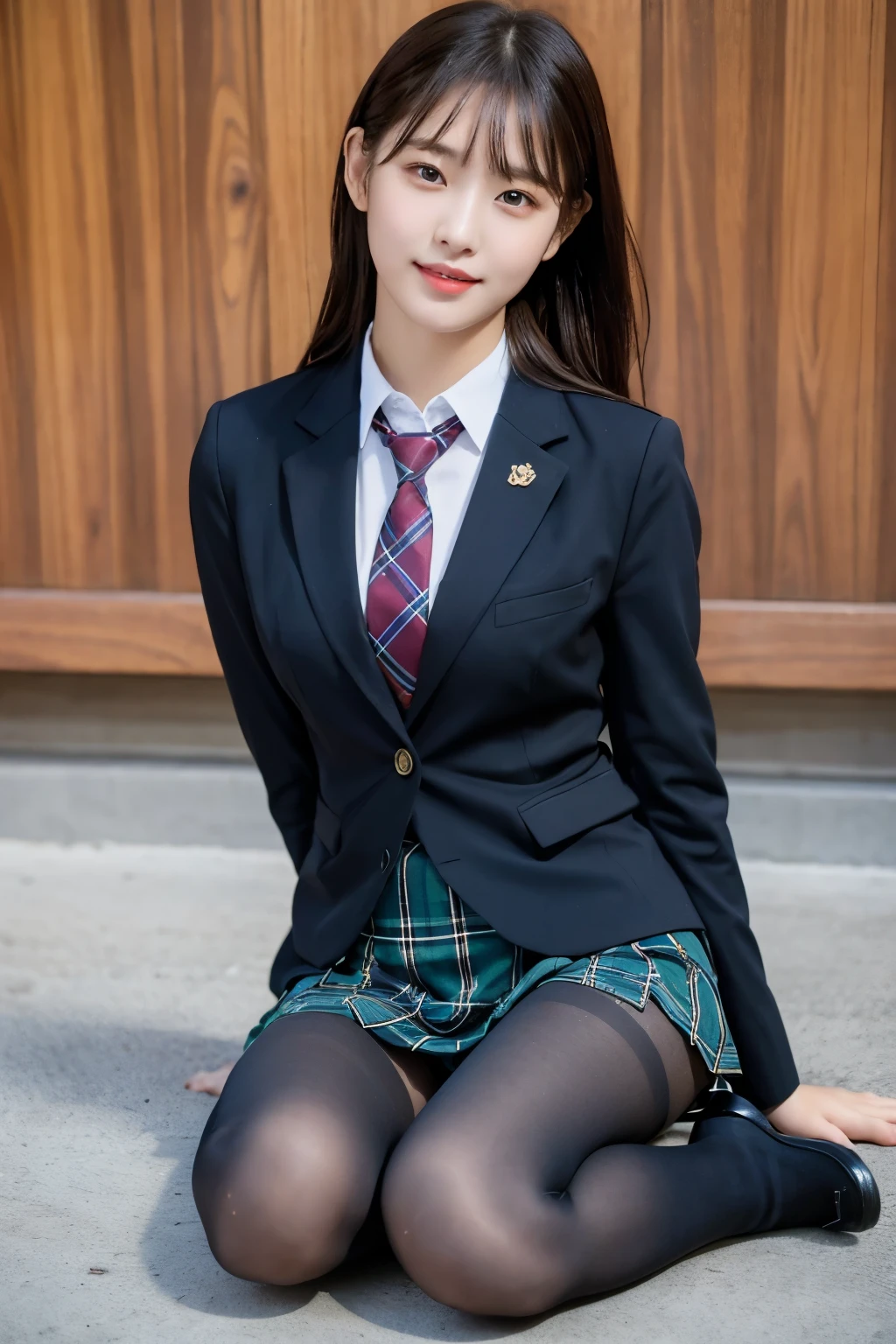 (8K), (highest quality: 1.2), (realistic), (realistic: 1.37), ultra high resolution, (1 girl), cute, smile, closed mouth, beautiful details, beautiful nose, wet hair, giant dulcefo, pork, thighs，self snap,University Student Uniform,simple blazer,pleated skirt,(The pattern of the skirt and tie is a tartan check pattern...:1.3),(sitting:1), sit on the ground,(hugging own legs:1),opaque tights,from the front, pantyhose 