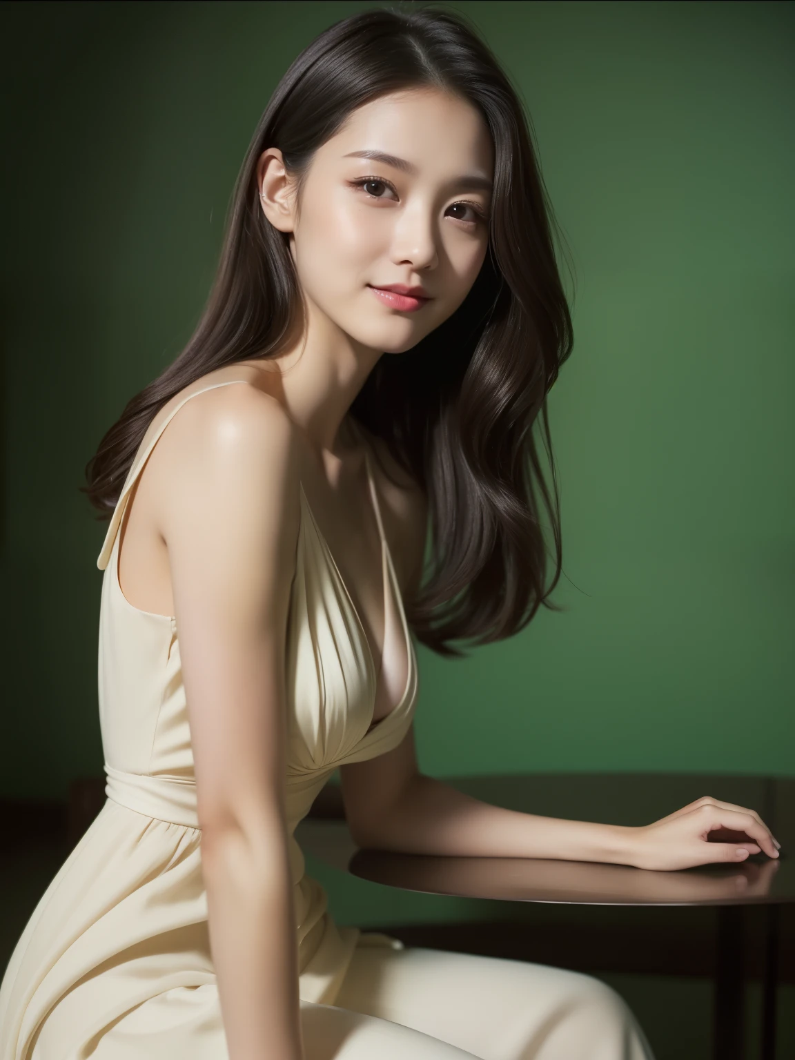 ((best quality, 8K, masterpiece: 1.3)), beautiful woman, pure, melon face, kind and cute, sweet smile, pure desire, slender body, (((Random body direction))), (tilted head), ((looking at camera)), pure desire, wearing a random color short dress, black silky long hair, long flowing shoulders, round black big eyes, clear big eyes, moist red lips, sweet, sitting in a lounge, Old cafe background, 28 years old, ((chest to head shot)),