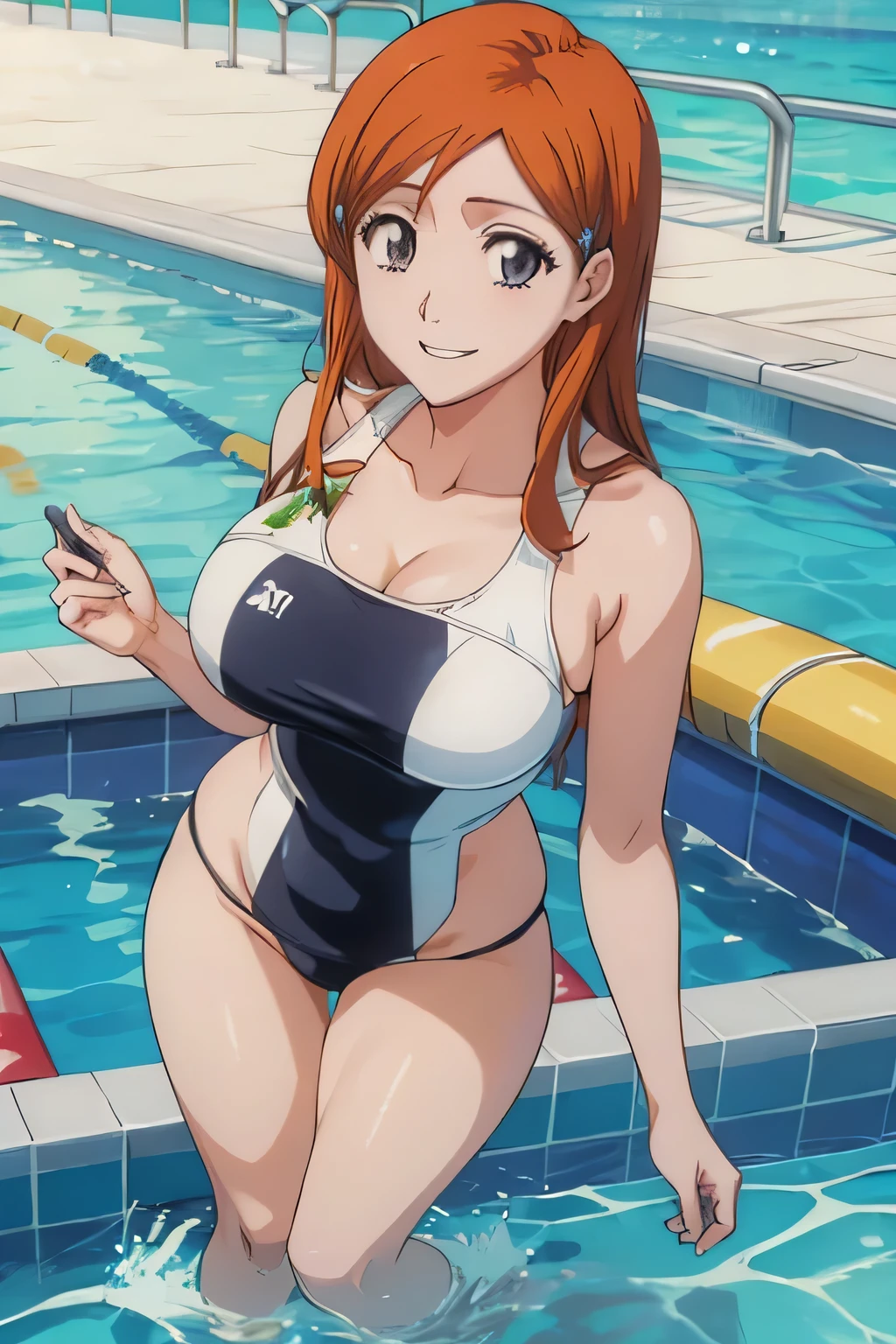 eft_bleach_orihime，orihimeinoue, huge_breasts, standing, solo, masterpiece, best quality, detailed face, detailed eyes, highres,Tight swimsuit, black revealing swimsuit, in the pool, smiling, taking photo