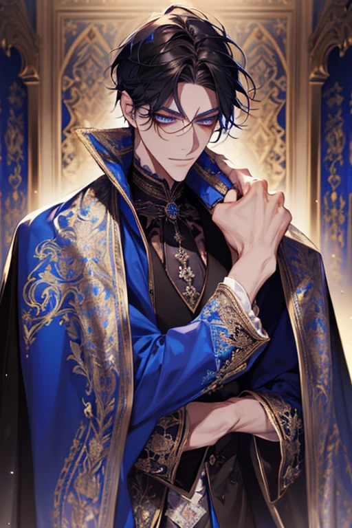 a close up of a person wearing a cape and a cape, wearing fantasy formal clothing, full body, beautiful androgynous prince, ((wearing aristocrat robe)), delicate androgynous prince, regal dark blue clothes, silver brocaded dark blue clothes, costume with blue accents, dark ornate royal robes, imperial royal elegant clothing, elegant cape, royal cape, fur coat, black hair, blue eyes, absurderes,A high resolution,ultra - detailed),1 person,Adult,handsome,tall and muscular boy,a broad shouldered,detailed 25 year old male face, Fine and detailed eyes and detailed face,Short black hair,Onyx-colored eyes,fanciful,shadow effect, flame,Divine brilliance,