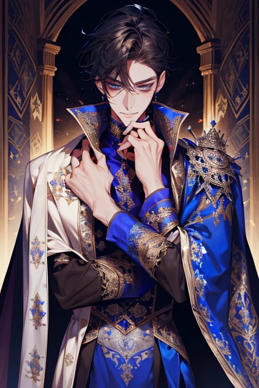 a close up of a person wearing a cape and a cape, wearing fantasy formal clothing, full body, beautiful androgynous prince, ((wearing aristocrat robe)), delicate androgynous prince, regal dark blue clothes, silver brocaded dark blue clothes, costume with blue accents, dark ornate royal robes, imperial royal elegant clothing, elegant cape, royal cape, fur coat, black hair, blue eyes, absurderes,A high resolution,ultra - detailed),1 person,Adult,handsome,tall and muscular boy,a broad shouldered,detailed 25 year old male face, Fine and detailed eyes and detailed face,Short black hair,Onyx-colored eyes,fanciful,shadow effect, flame,Divine brilliance,
