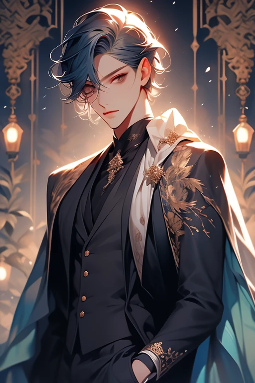 um close de uma pessoa vestindo uma capa e uma capa, vestindo roupas formais de fantasia, corpo todo, handsome androgynous prince, ((vestindo manto aristocrata)), delicate androgynous prince, roupas azuis escuras reais, roupas azuis escuras com brocado prateado, traje com detalhes em azul, vestes reais ornamentadas escuras, roupas elegantes reais imperiais, elegant cape, CAPA REAL, casaco de pele, cabelo preto, olhos azuis, absurdo，A high resolution，ultra-detalhado），1 pessoa，adulto，bonito，garoto alto e musculoso，ombros largos，rosto masculino detalhado de 25 anos, Olhos finos e detalhados e rosto detalhado，Short cabelo preto，Onyx eyes，Fantastic，efeito de sombra, flame，Brilho divino，