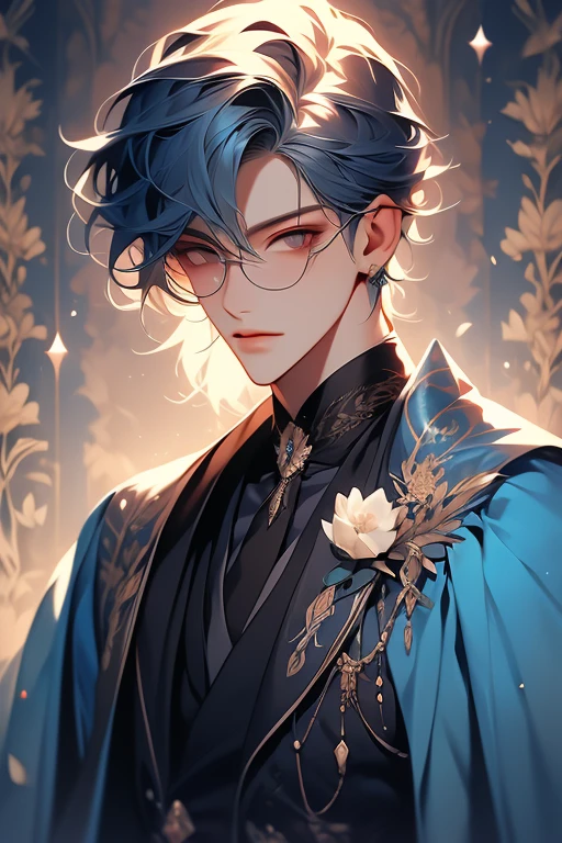 um close de uma pessoa vestindo uma capa e uma capa, vestindo roupas formais de fantasia, corpo todo, handsome androgynous prince, ((vestindo manto aristocrata)), delicate androgynous prince, roupas azuis escuras reais, roupas azuis escuras com brocado prateado, traje com detalhes em azul, vestes reais ornamentadas escuras, roupas elegantes reais imperiais, elegant cape, CAPA REAL, casaco de pele, cabelo preto, olhos azuis, absurdo，A high resolution，ultra-detalhado），1 pessoa，adulto，bonito，garoto alto e musculoso，ombros largos，rosto masculino detalhado de 25 anos, Olhos finos e detalhados e rosto detalhado，Short cabelo preto，Onyx eyes，Fantastic，efeito de sombra, flame，Brilho divino，