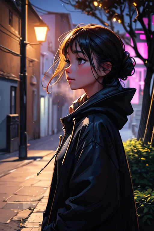 (best quality,4k,8k,highres,masterpiece:1.2),ultra-detailed,(realistic,photorealistic,photo-realistic:1.37),a woman walking with a hoodie in a deserted rural street at night,illustration,night scene,detailed face of the woman,gloomy atmosphere,faint moonlight,glistening stars and twinkling lights,calm and peaceful setting,dark and mysterious backdrop,vibrant colors,intricate details of the street,lush vegetation on the sides of the street,loneliness and solitude,quiet and serene ambiance,subtle shadows and highlights,pixels and brushstrokes blending seamlessly,ethereal and dreamlike quality,soft glow and warm tones,night sky with a hint of purple and deep blue,subtle play of light and shadow on the woman's face and figure,whisper of wind rustling tree branches,remote and isolated neighborhood,empty houses with closed windows and doors,hushed footsteps,street lamps casting long and dramatic shadows,traces of fog drifting through the air,melancholic and introspective mood,blurry background creating depth and focus on the woman,delicate patterns on the hoodie adding texture and interest to the image.