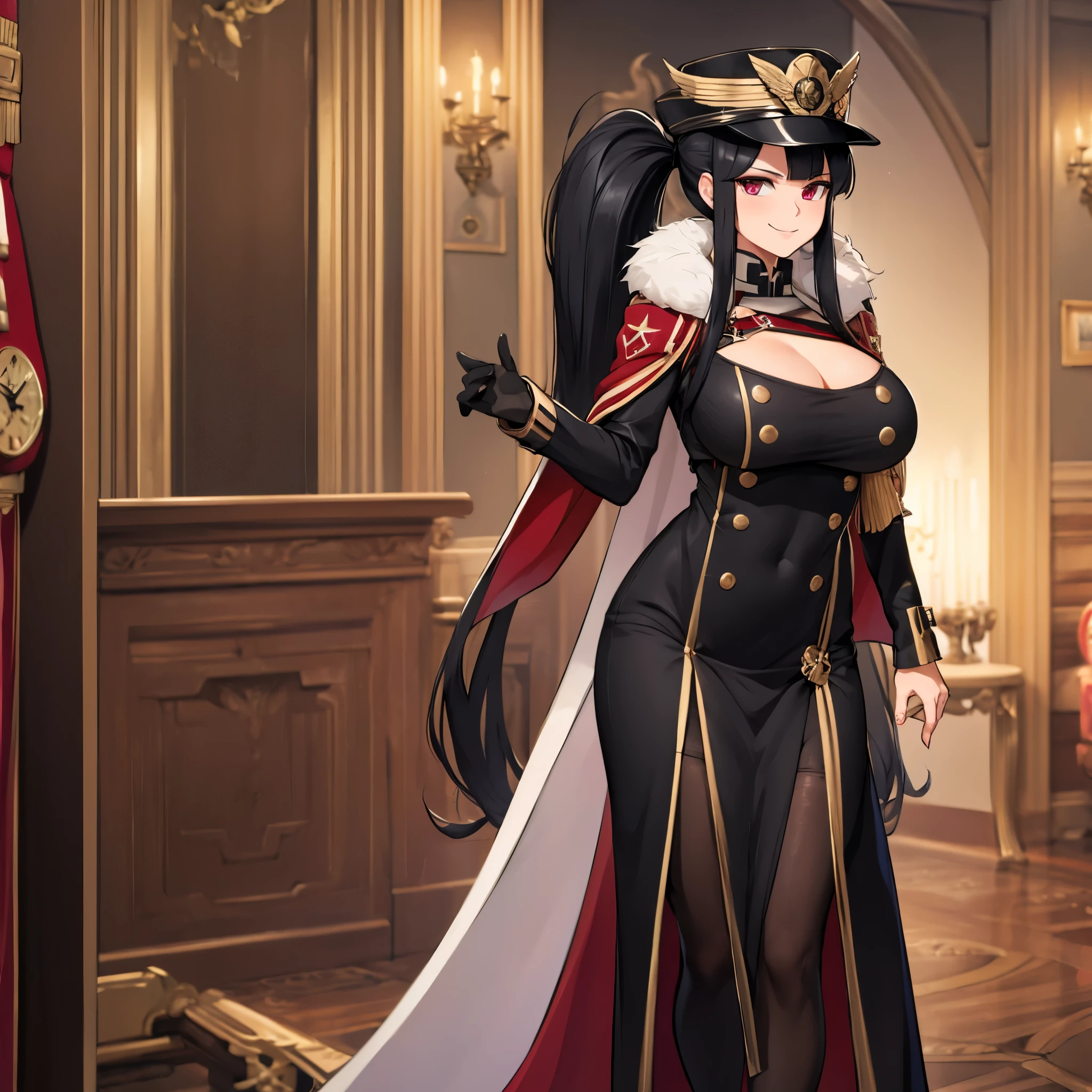 a woman wearing a long black Prussian style military dress with gold details, black military hat with gold details, long fur cape, long black hair, pigtails, burgundy eyes, black boots, big breasts, smiling, walking in a large room with a large gold pocket watch on the back,(woman solo )
