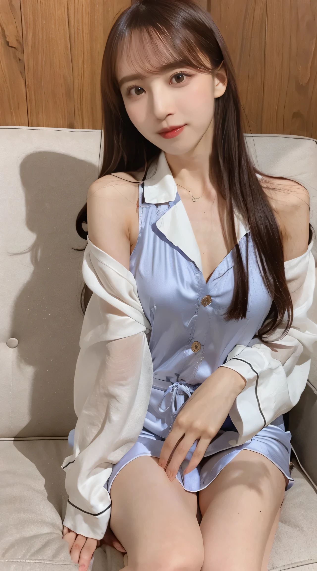 Reality, high resolution, Soft Light,1 woman, Around 30 years old,Solitary, Hips up, View Viewer, (Delicate face), Long hair, Lying on the sofa reading a magazine, Looking from the bottom up, exhibit,, Silk pajamas, , jewelry