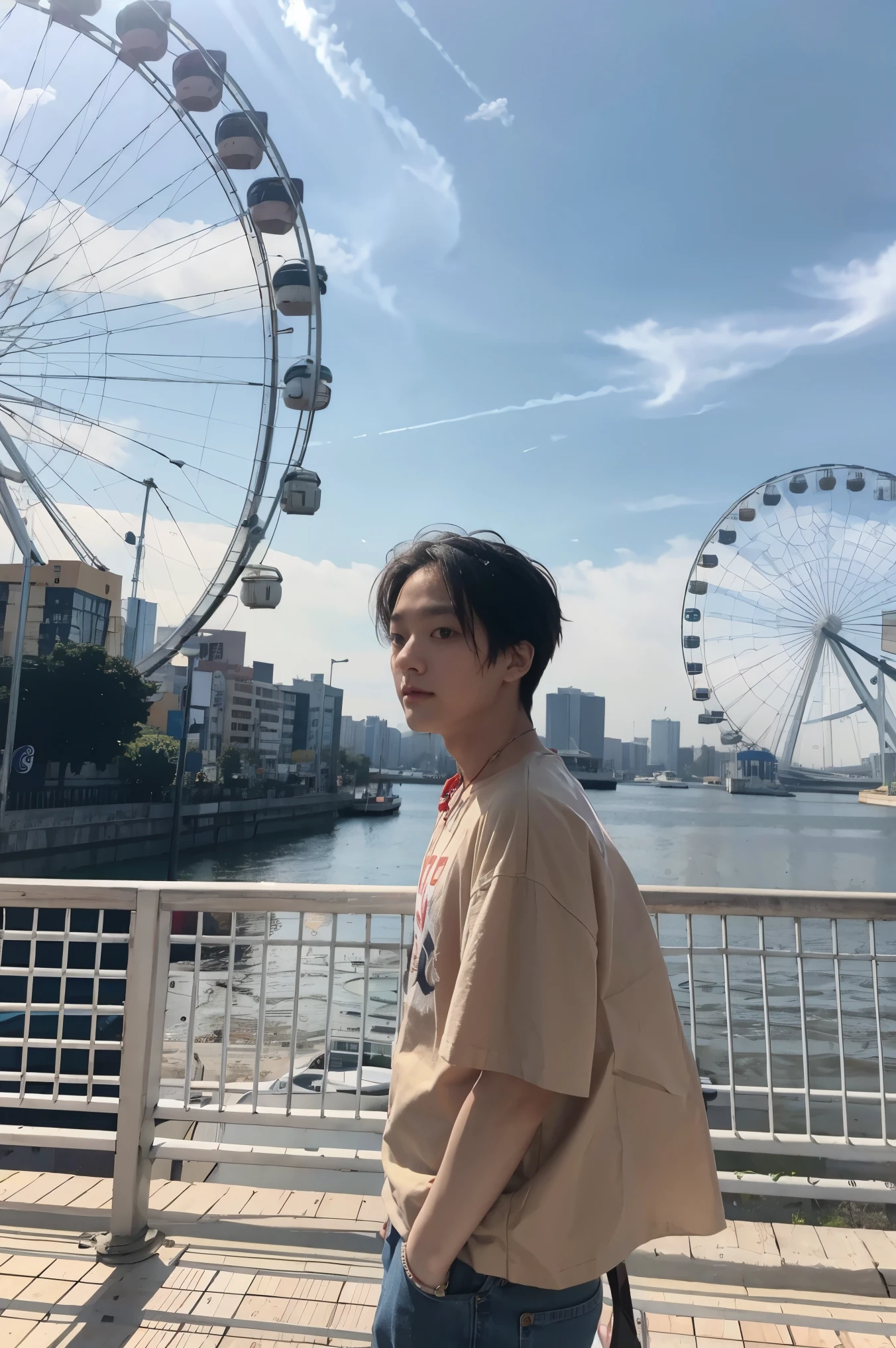arafed man standing on a ledge with a ferris wheel in the background, hyung tae, jinyoung shin, album art, cai xukun, profile picture 1024px, kim doyoung, hong june hyung, yanjun chengt, bladee from drain gang, male ulzzang, xintong chen, taken with canon eos 5 d mark iv