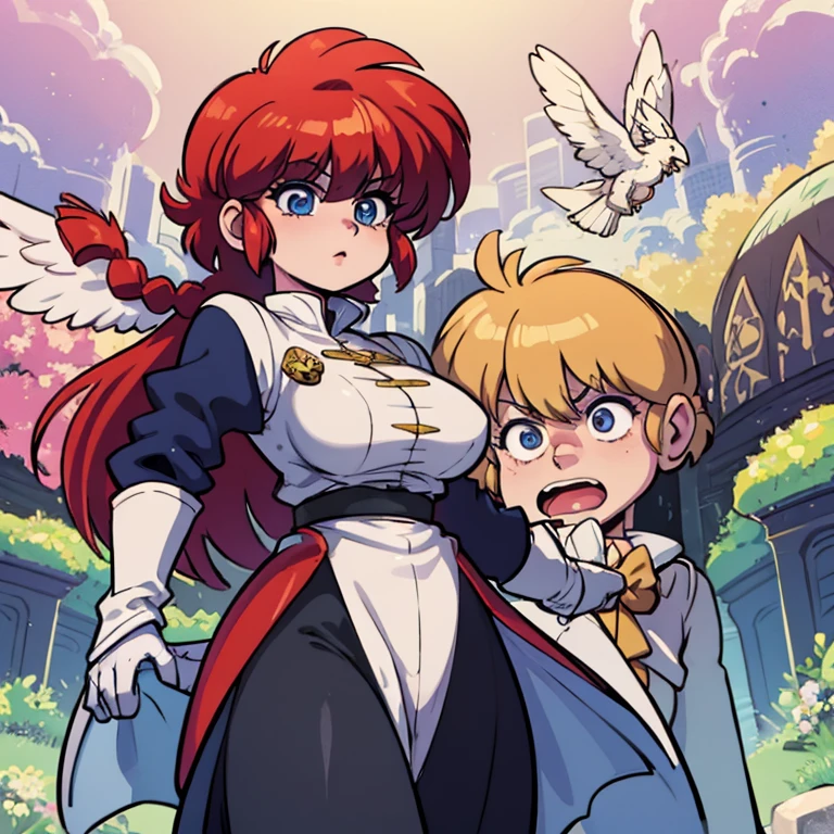 Ranmachan, cabello rojo, Cabello con trenza, ojos azules, ojos detallados, Angelic Wairrors (Valkyrie, Paladin, Priestess) alas grandes, alas de angel, oreola dorada,