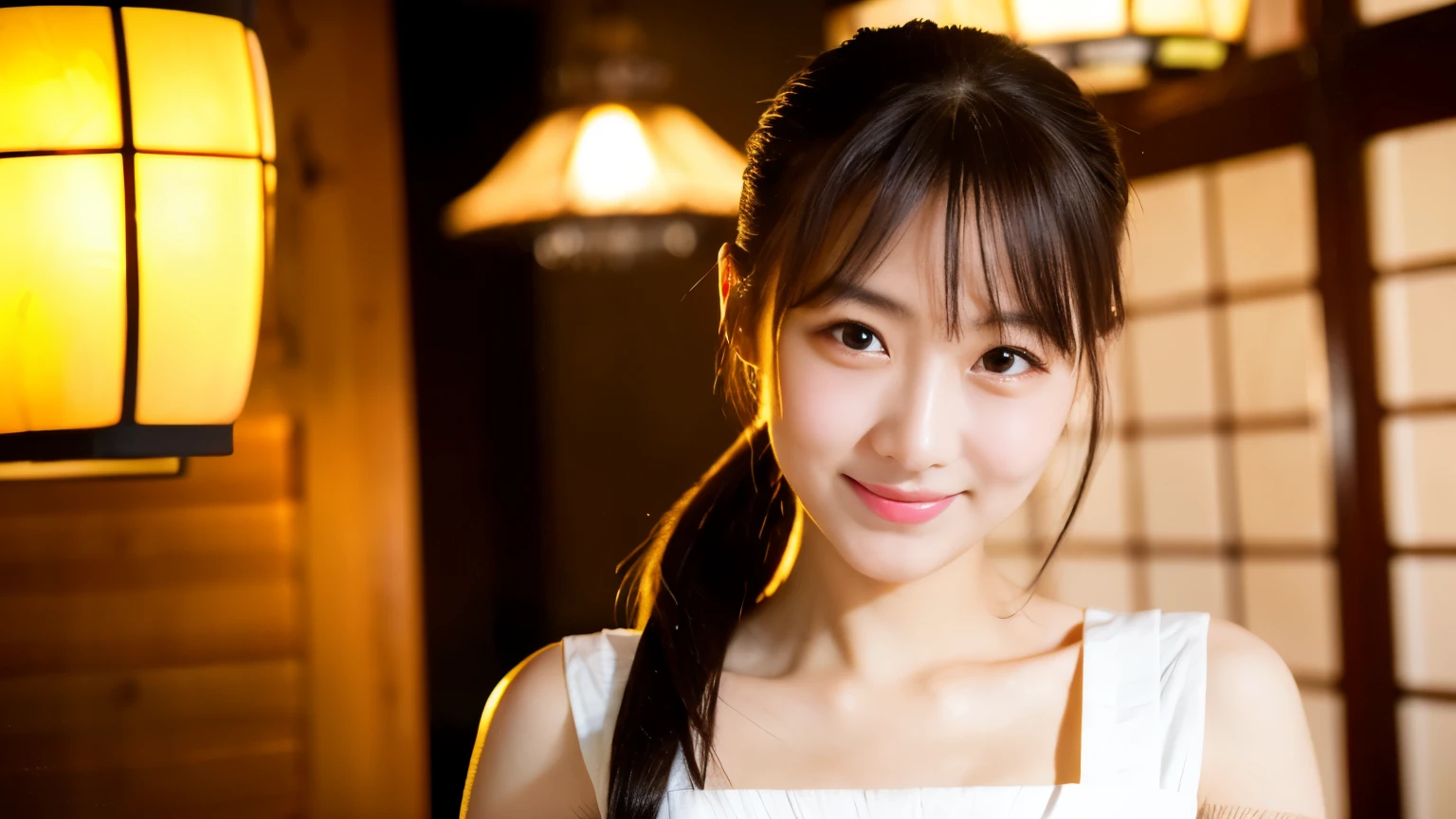((highest quality)), ((masterpiece)), (detailed), Perfect Face, Cute Japanese woman with a ponytail wearing an apron in a Chinese restaurant, beautiful, beautiful skin, Realistic lighting, beautiful hair Cute ribbon, Narrow eyes, Asian, Carrying food Low exposure Japanese tongue lips smile eyes beautiful high quality up