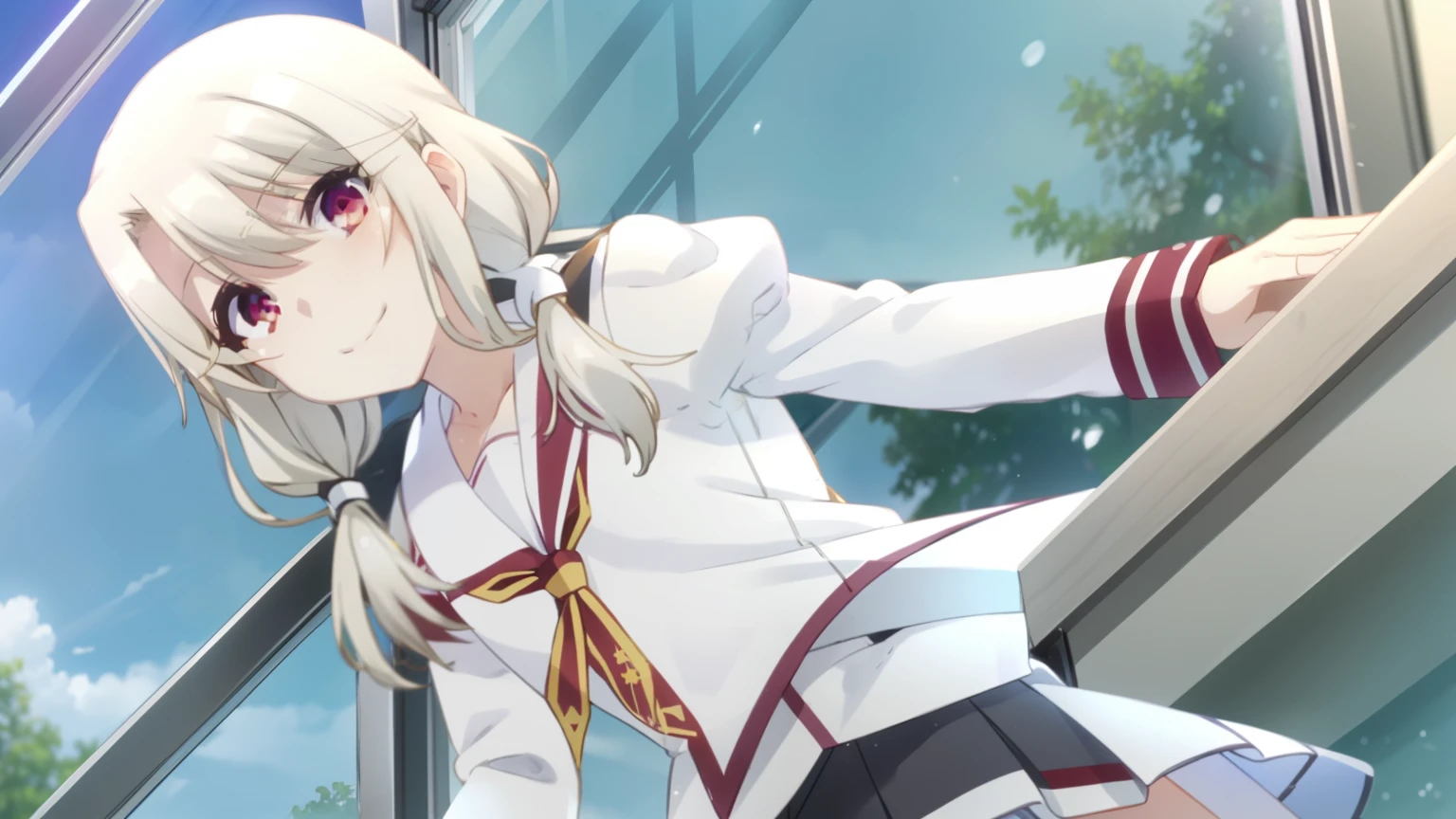 Illyasviel von Einzbern,1girls,solo,smile,Twin tails,uniform,skirt,White ribbon,School.classroom,machine,Sitting in a chair,Window seat