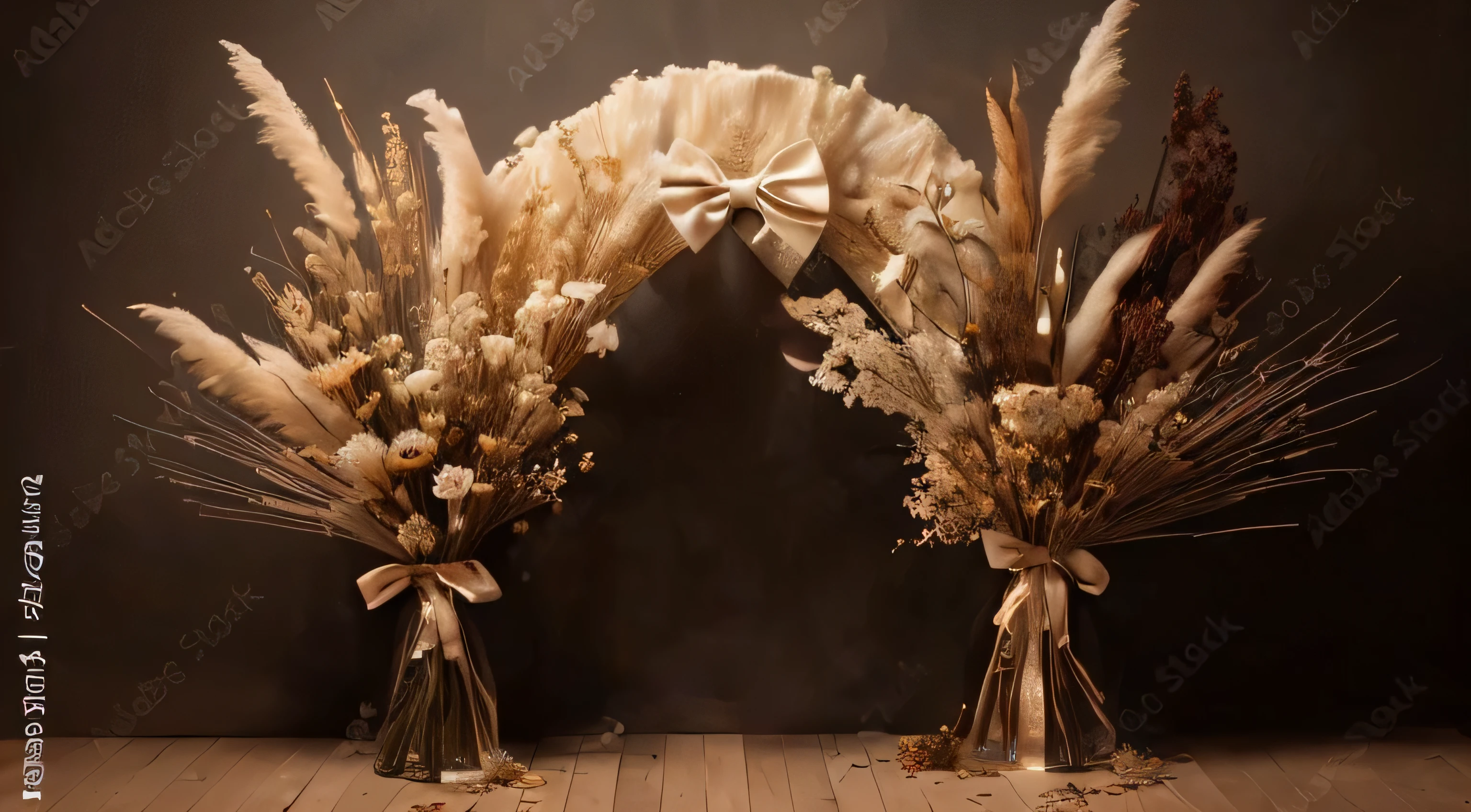 There are two vases，With flowers and bows on it, made of dried flower, made of colorful dried flower, White arches, dried flower, Dark and beige atmosphere, Beige and dark colors, Stunning mysterious background, A beautiful photo, Dried plants, Background still life photo, Floral Decoration, Elegant composition, great great essay