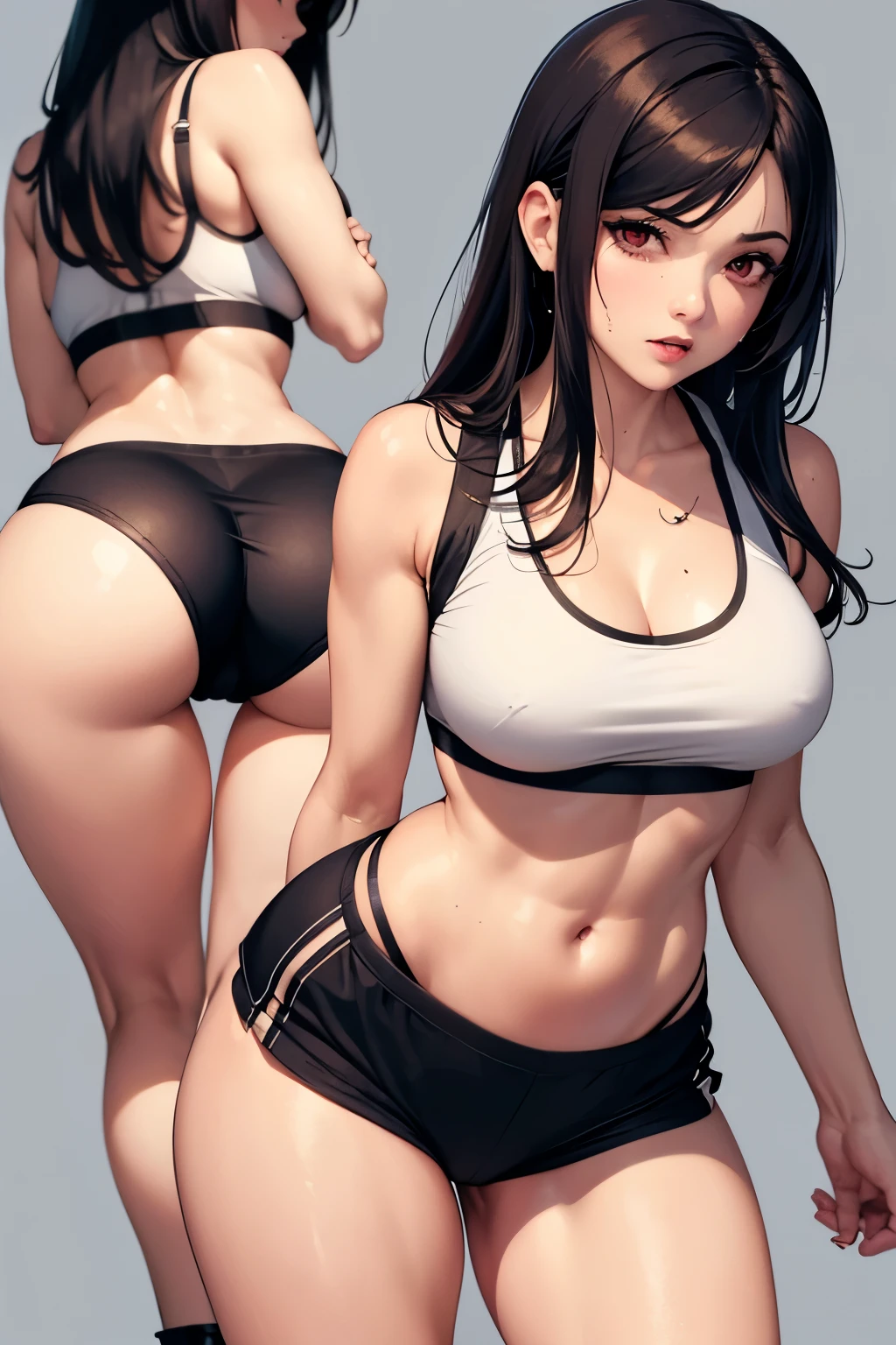 Tifa in sexy mini shorts and sports bra, doing jack-o pose, face up, sweating, showing her round, sexy and very shapely buttocks towards the camera, high resolution, UHD, detailed image.