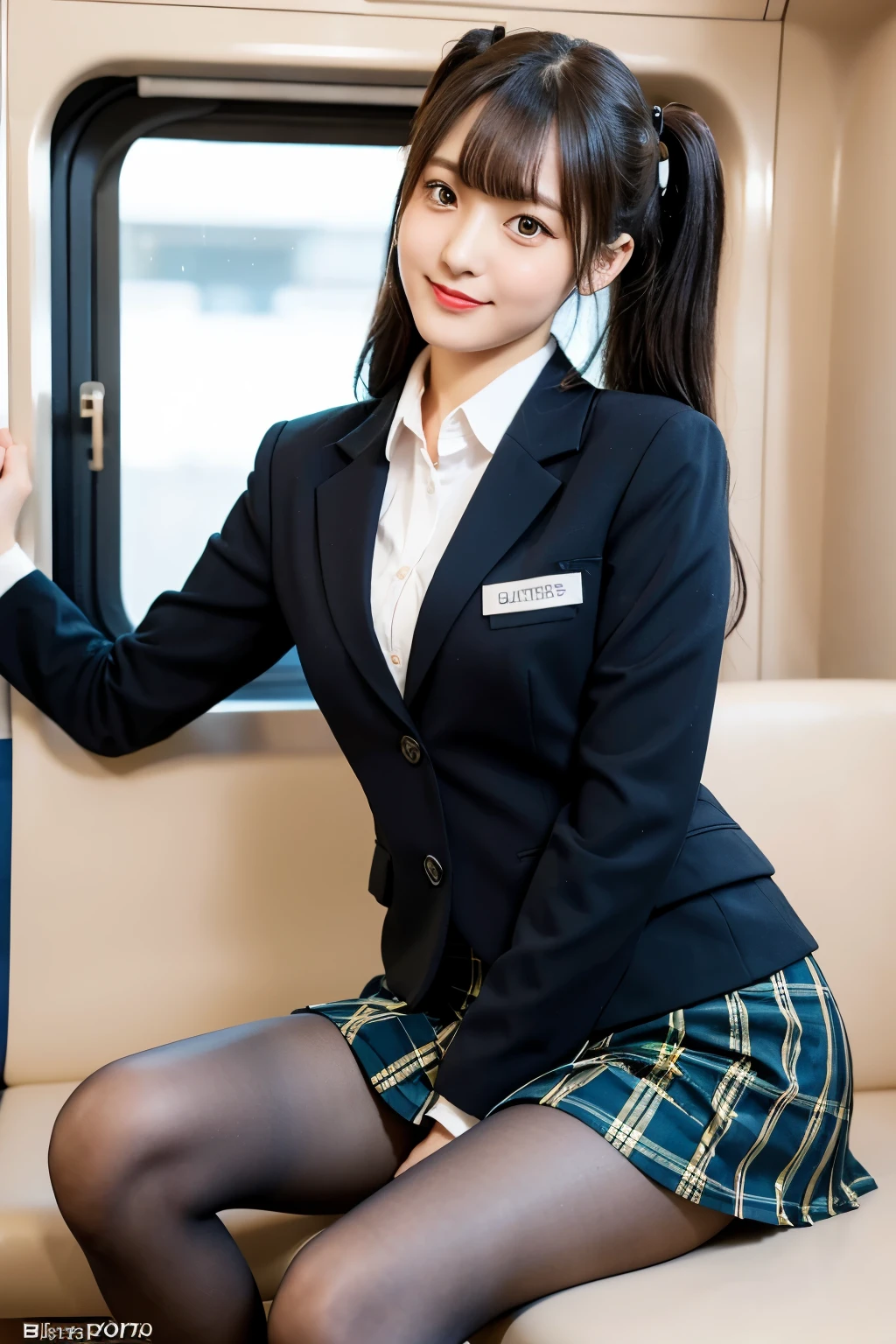(8k), (highest quality: 1.2), (Realistic), (Realistic: 1.37), Ultra-high resolution, 1 girl, cute, A shy smile, Blushing,Mouth closed, Peach-colored lips,Beautiful details, Beautiful Nose, Beautiful black hair, bangs,Twin tail hair,Giant Dulcefo, pork, Thighs,Self Snap,University Uniforms,Sitting on a train in Tokyo,simple blazer,Pleated skirt,(The pattern of the skirt is a tartan check pattern.....:1.3),Crossing your legs, From above,(Close up on legs),(Shiny pantyhose),Sit with your legs up