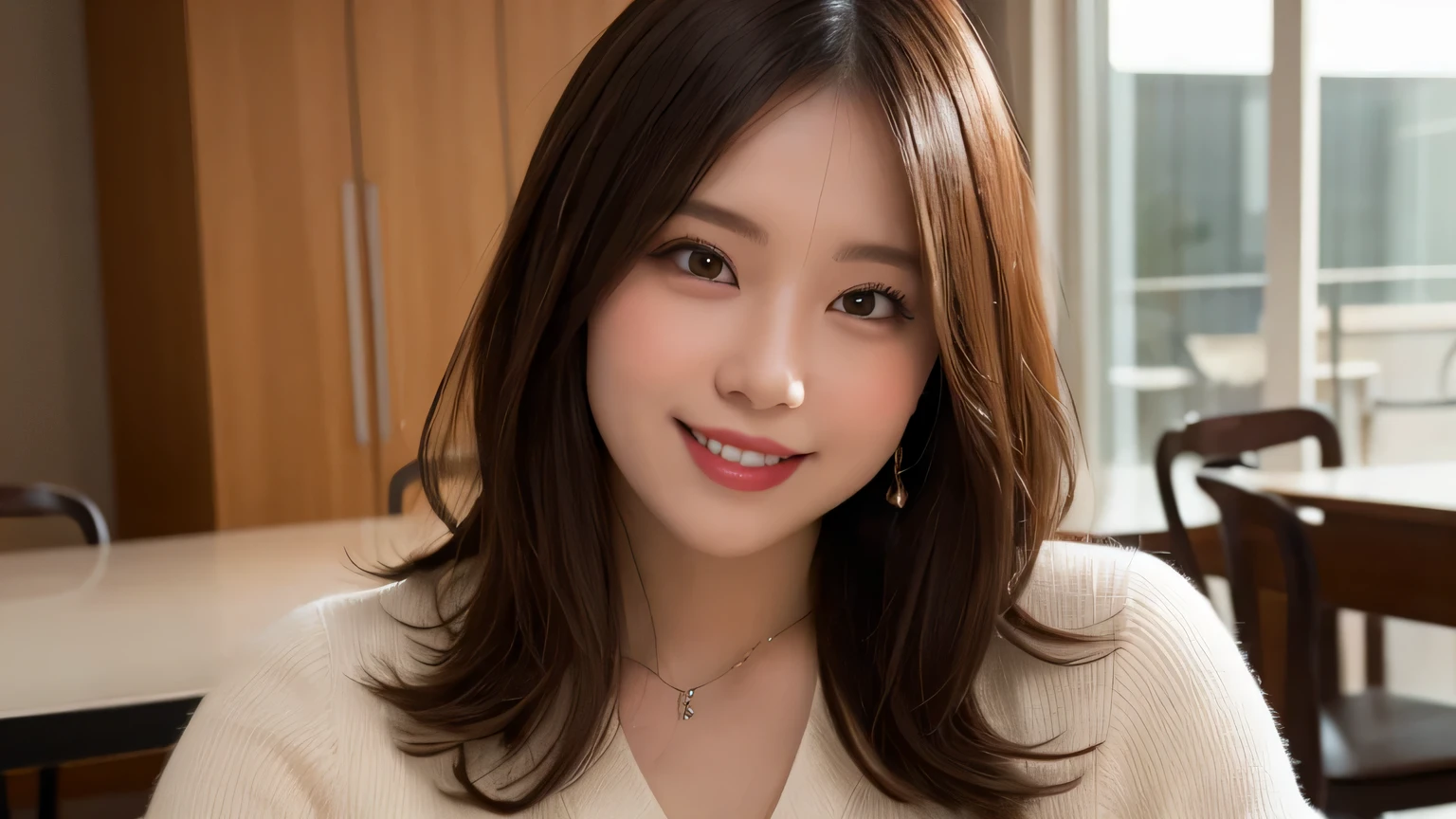 Tabletop, highest quality, shape, Very detailed, finely, High resolution, 8k wallpaper, Perfect dynamic shape, Beautiful and detailed,  Natural Lip, Big Breasts, Random sexy poses,RAW Photos,cute,smile、Tight knit dress、Big Breasts、Brown outfit that makes your chest look beautiful